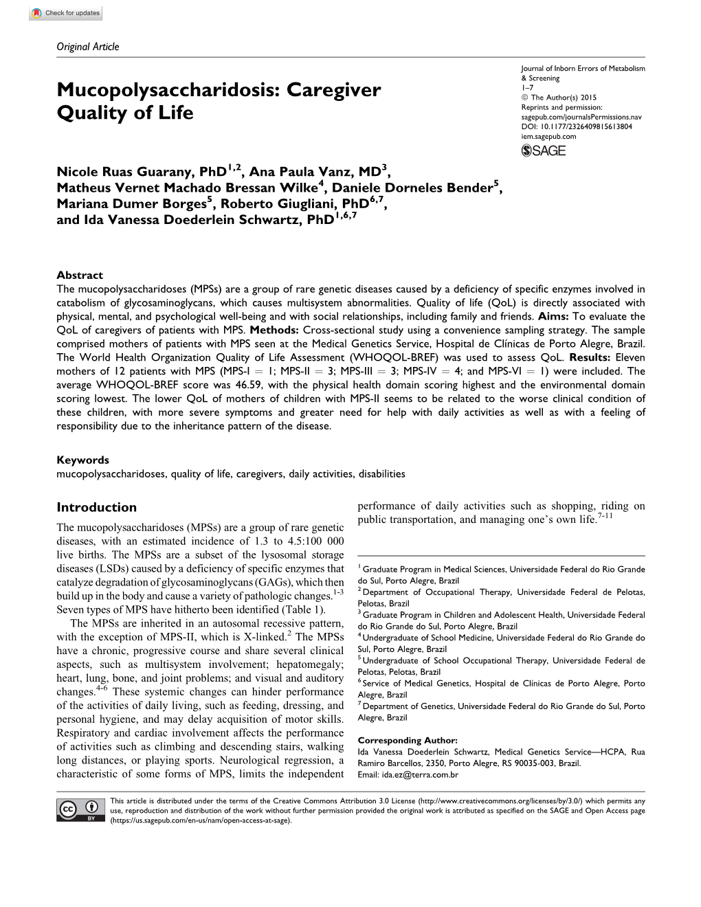 Mucopolysaccharidosis: Caregiver Quality of Life