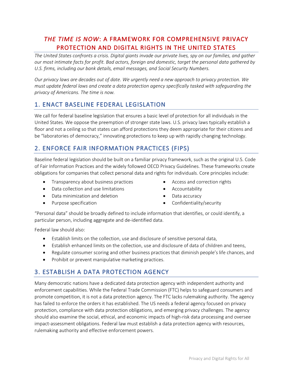 FRAMEWORK for COMPREHENSIVE PRIVACY PROTECTION and DIGITAL RIGHTS in the UNITED STATES the United States Confronts a Crisis