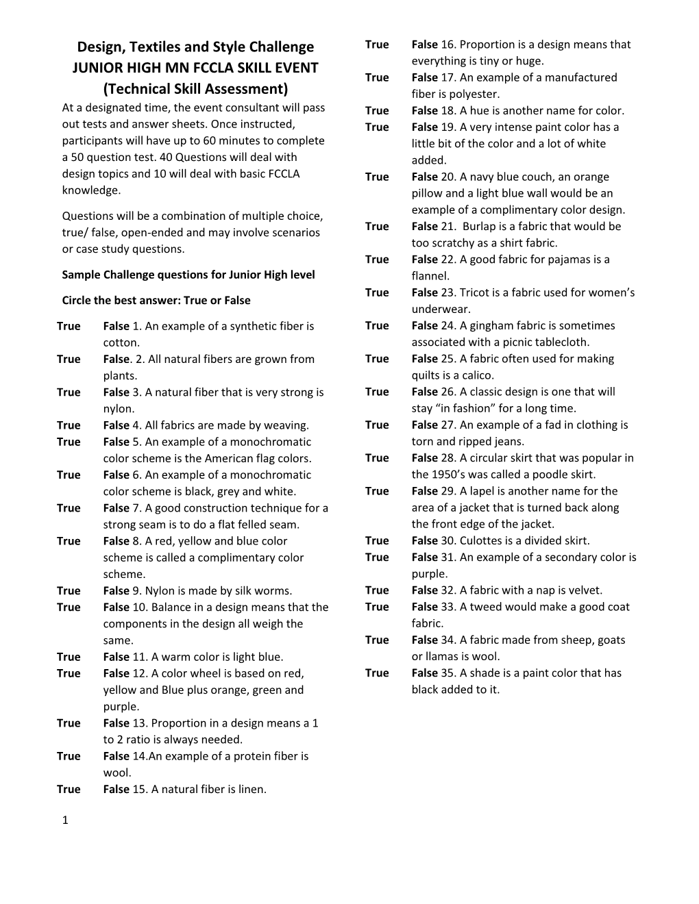Design, Textiles and Style Challenge JUNIOR HIGH MN FCCLA SKILL EVENT (Technical Skill Assessment)