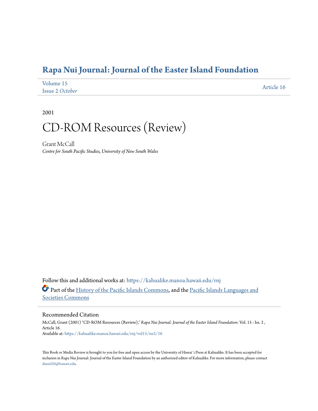 CD-ROM Resources (Review) Grant Mccall Centre for South Pacific Ts Udies, University of New South Wales