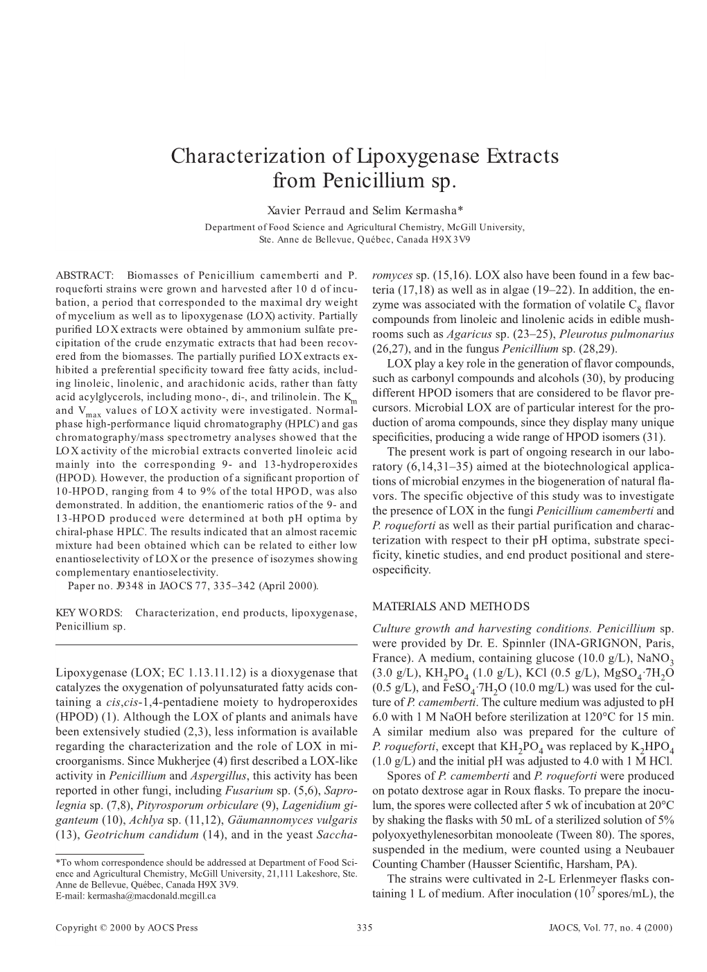 Characterization of Lipoxygenase Extracts from Penicillium Sp