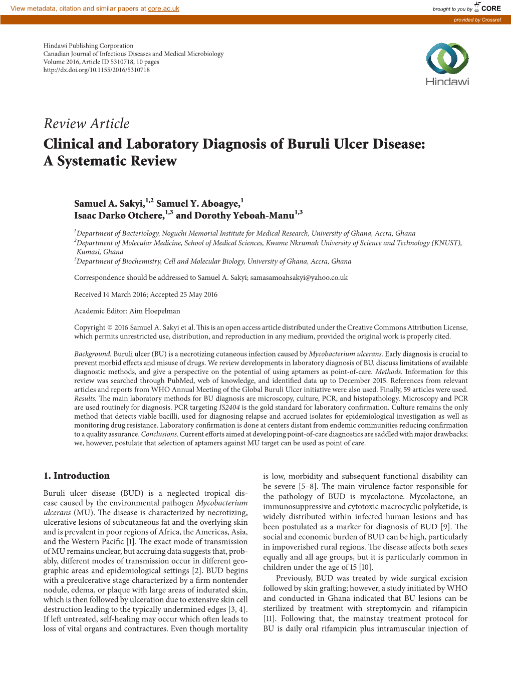 Review Article Clinical and Laboratory Diagnosis of Buruli Ulcer Disease: a Systematic Review