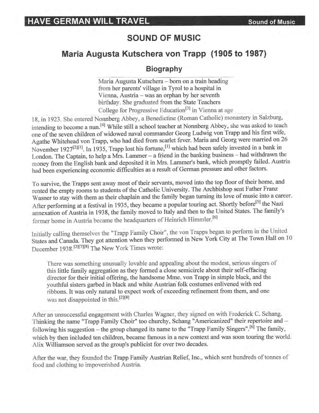 HAVE GERMAN WILL TRAVEL SOUND of MUSIC Maria Augusta Kutschera Von Trapp (1905 to 1987)