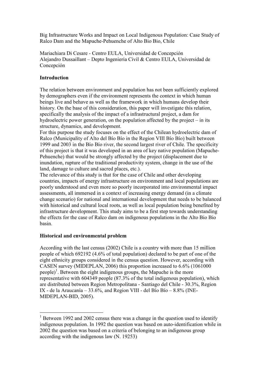 Case Study of Ralco Dam and the Mapuche-Pehuenche of Alto Bio Bio, Chile