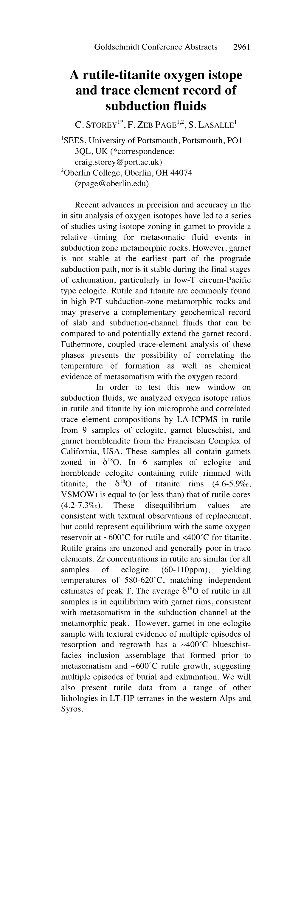 A Rutile-Titanite Oxygen Istope and Trace Element Record of Subduction Fluids C