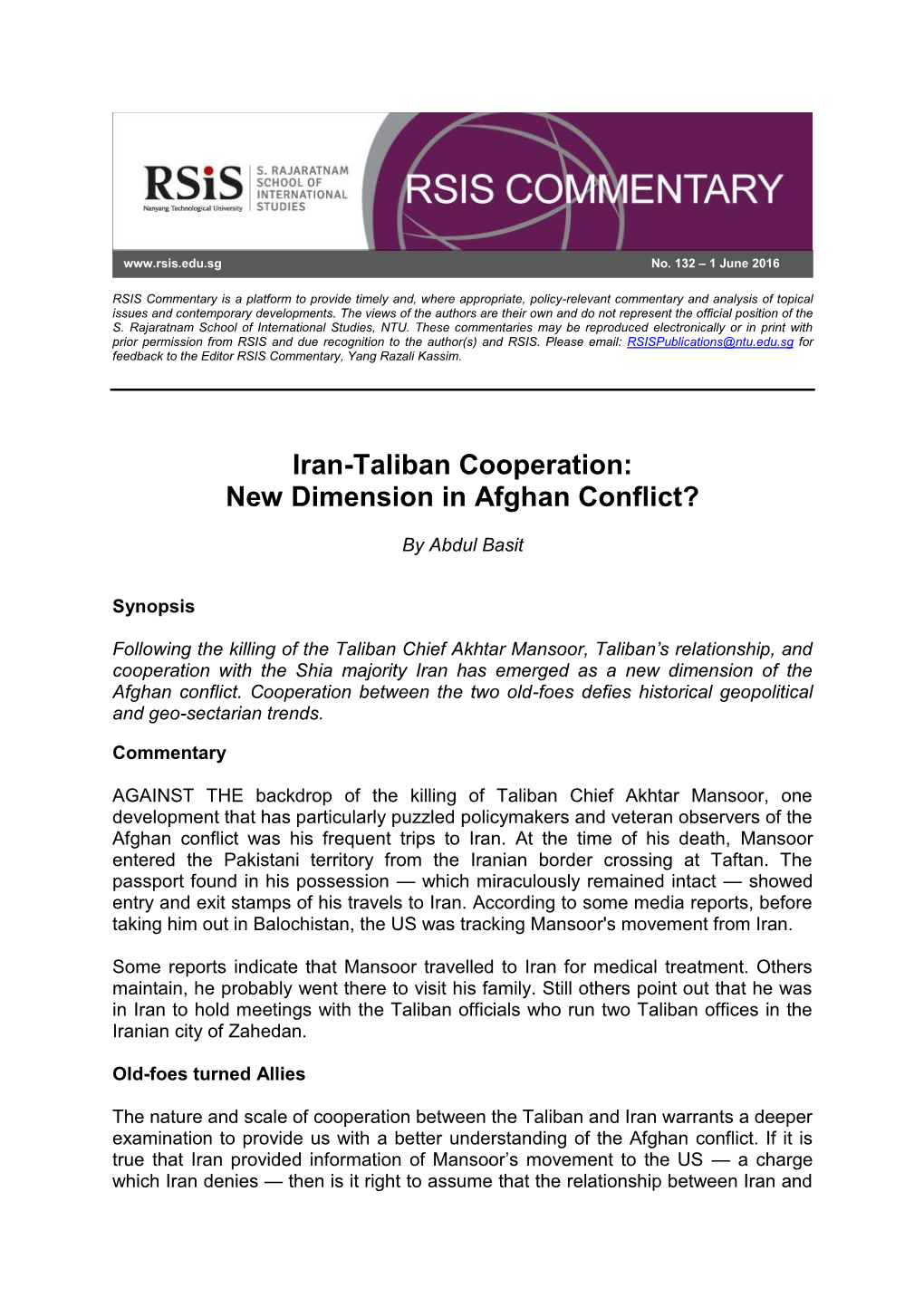 Iran-Taliban Cooperation: New Dimension in Afghan Conflict?