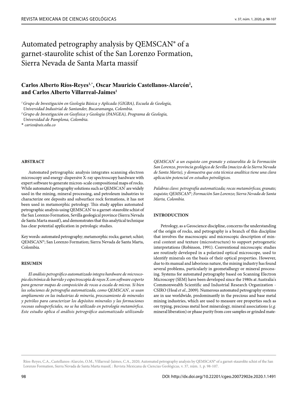 Automated Petrography Analysis by QEMSCAN® of a Garnet-Staurolite Schist of the San Lorenzo Formation, Sierra Nevada De Santa Marta Massif