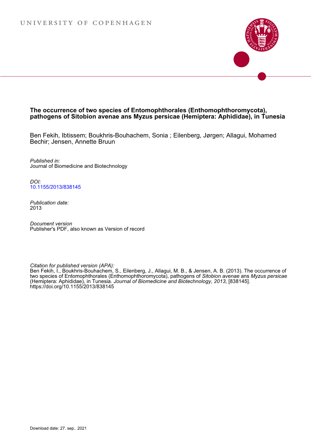 Pathogens of Sitobion Avenae and Myzus Persicae (Hemiptera: Aphididae), in Tunisia