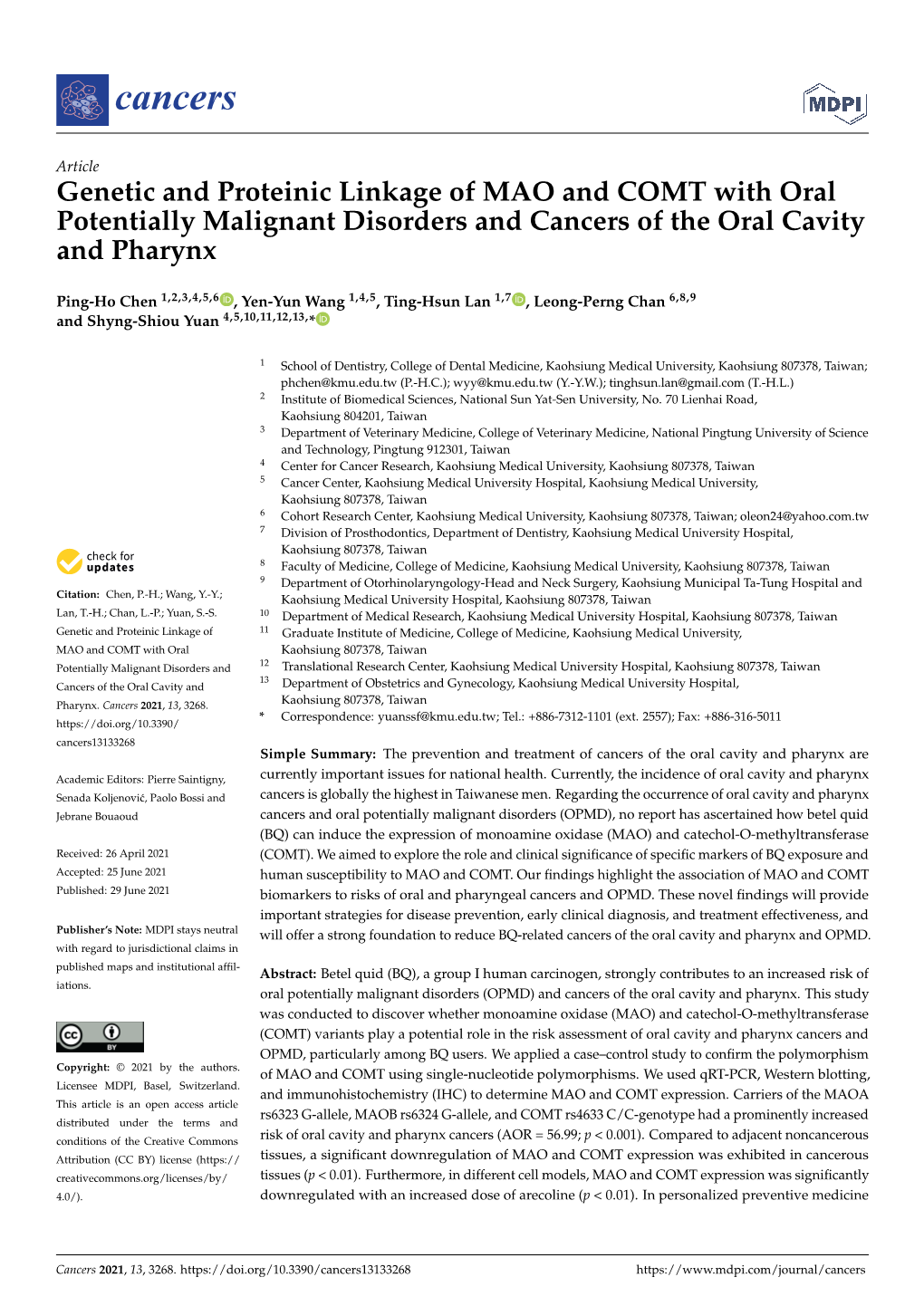 Genetic and Proteinic Linkage of MAO and COMT with Oral Potentially Malignant Disorders and Cancers of the Oral Cavity and Pharynx