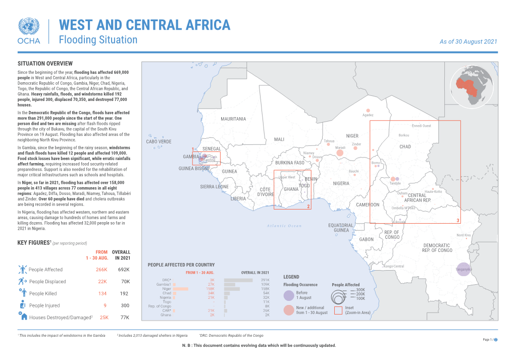 WEST and CENTRAL AFRICA Flooding Situation As of 30 August 2021