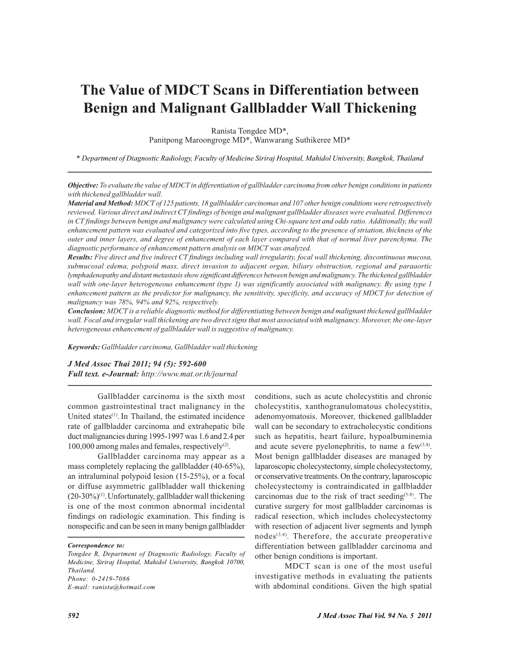 The Value of MDCT Scans in Differentiation Between Benign and Malignant Gallbladder Wall Thickening