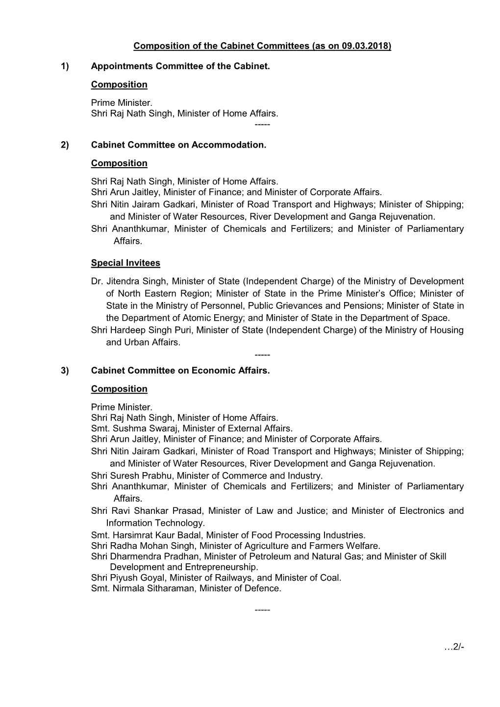 1) Appointments Committee of the Cabinet. Composition Prime Minister