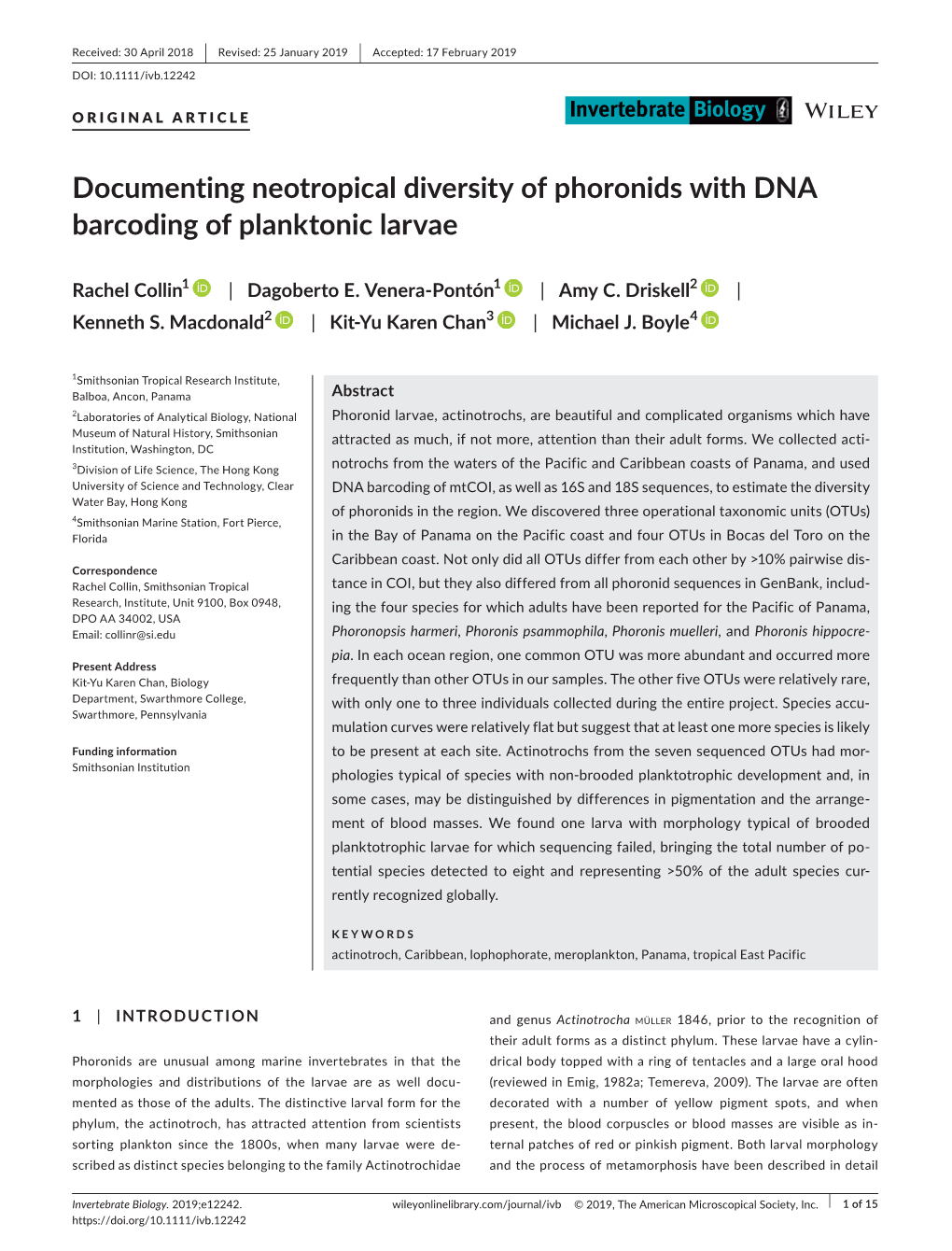 Documenting Neotropical Diversity of Phoronids with DNA Barcoding of Planktonic Larvae