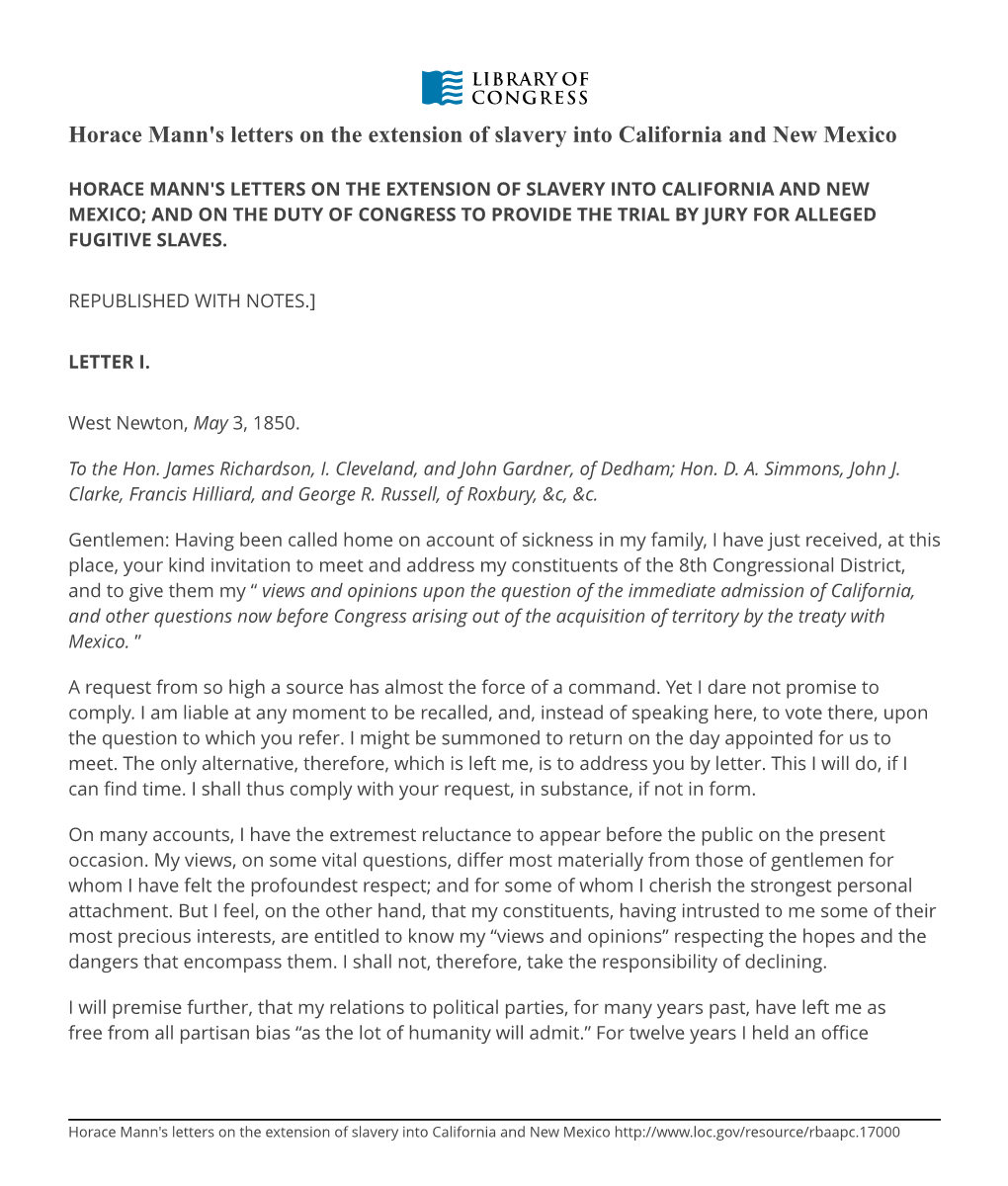 Horace Mann's Letters on the Extension of Slavery Into California and New Mexico