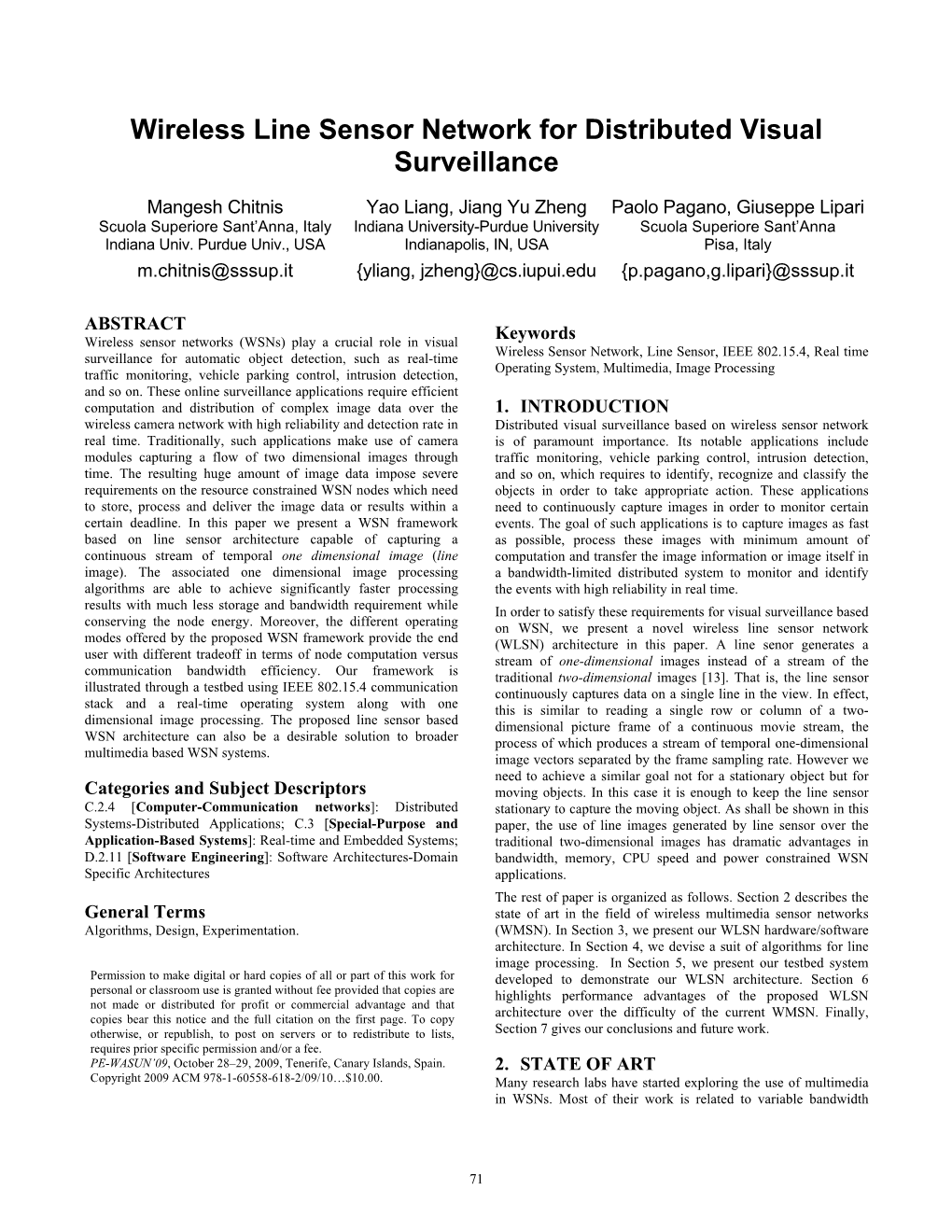 Wireless Line Sensor Network for Distributed Visual Surveillance