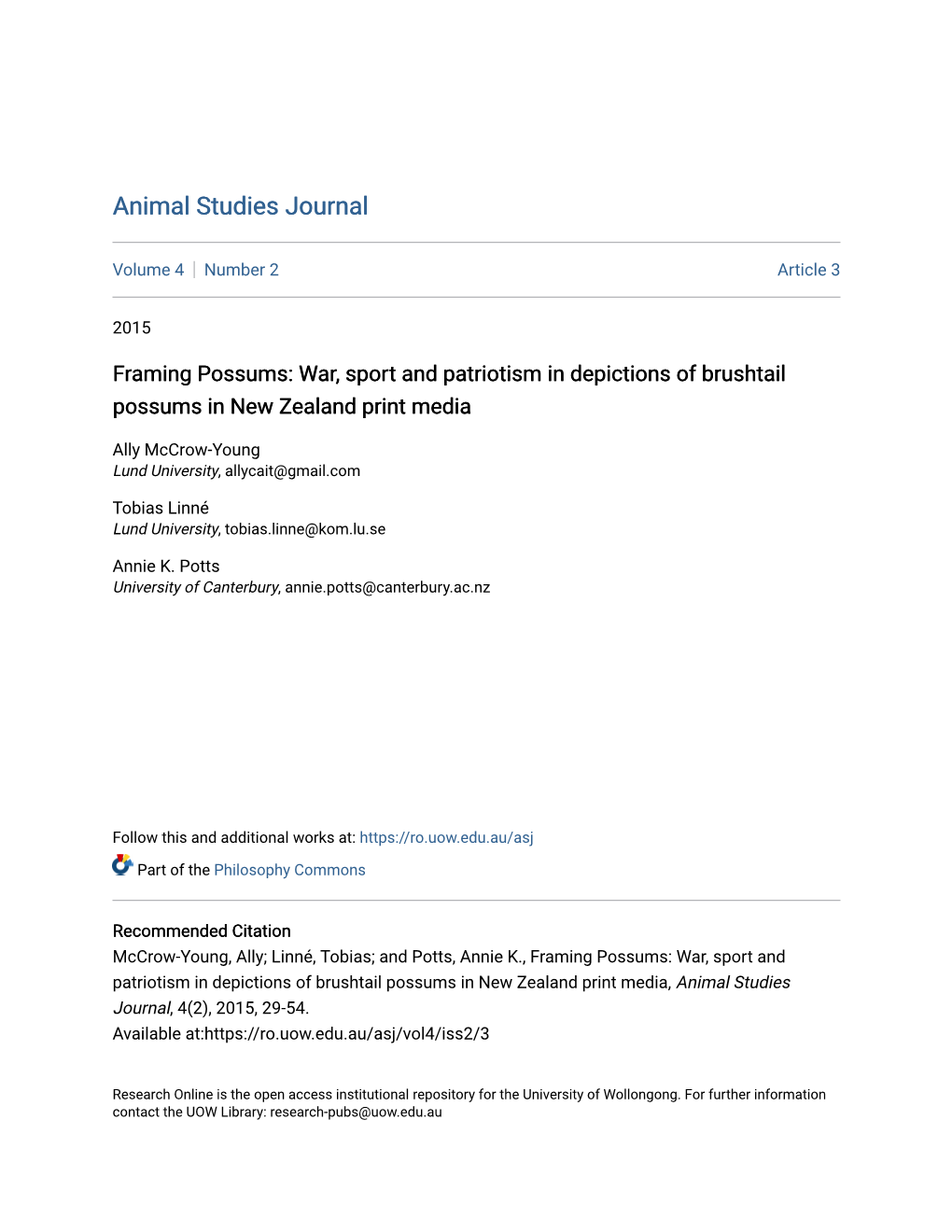 Framing Possums: War, Sport and Patriotism in Depictions of Brushtail Possums in New Zealand Print Media