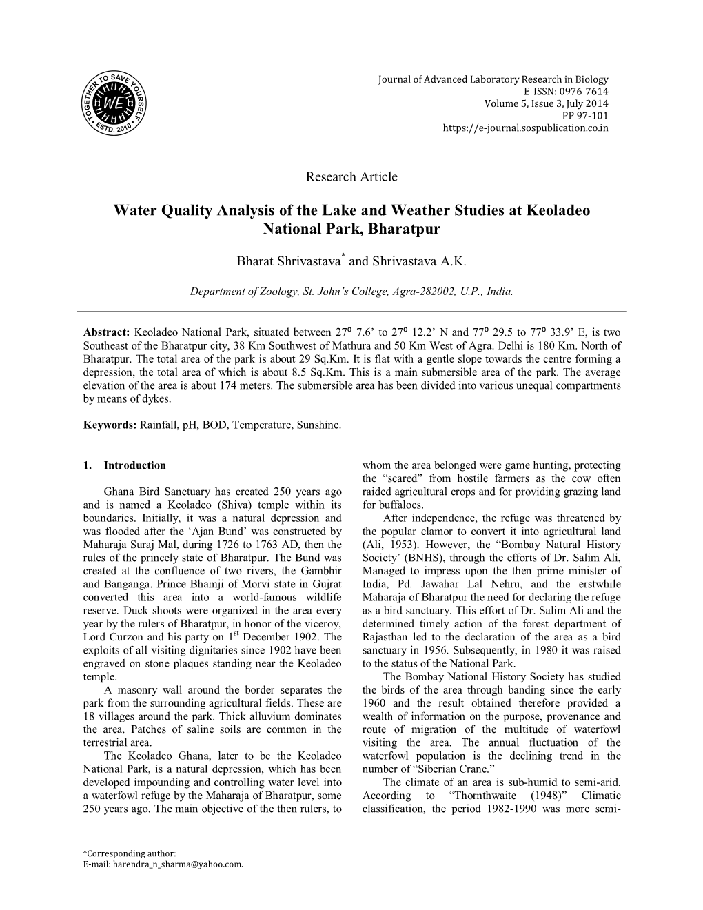 Water Quality Analysis of the Lake and Weather Studies at Keoladeo National Park, Bharatpur