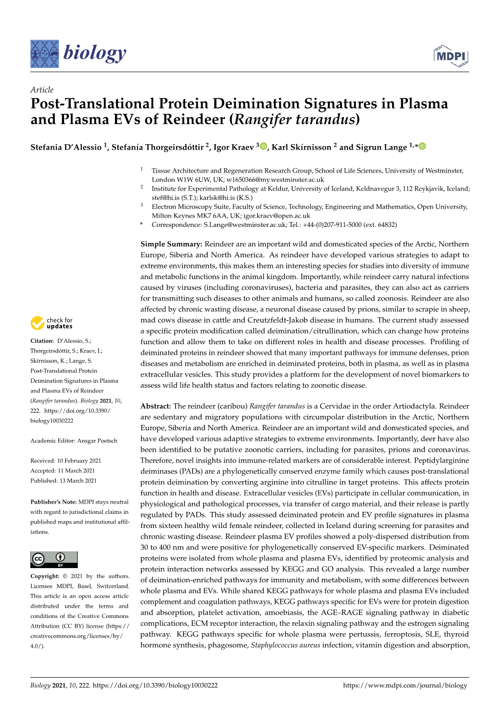 Post-Translational Protein Deimination Signatures in Plasma and Plasma Evs of Reindeer (Rangifer Tarandus)