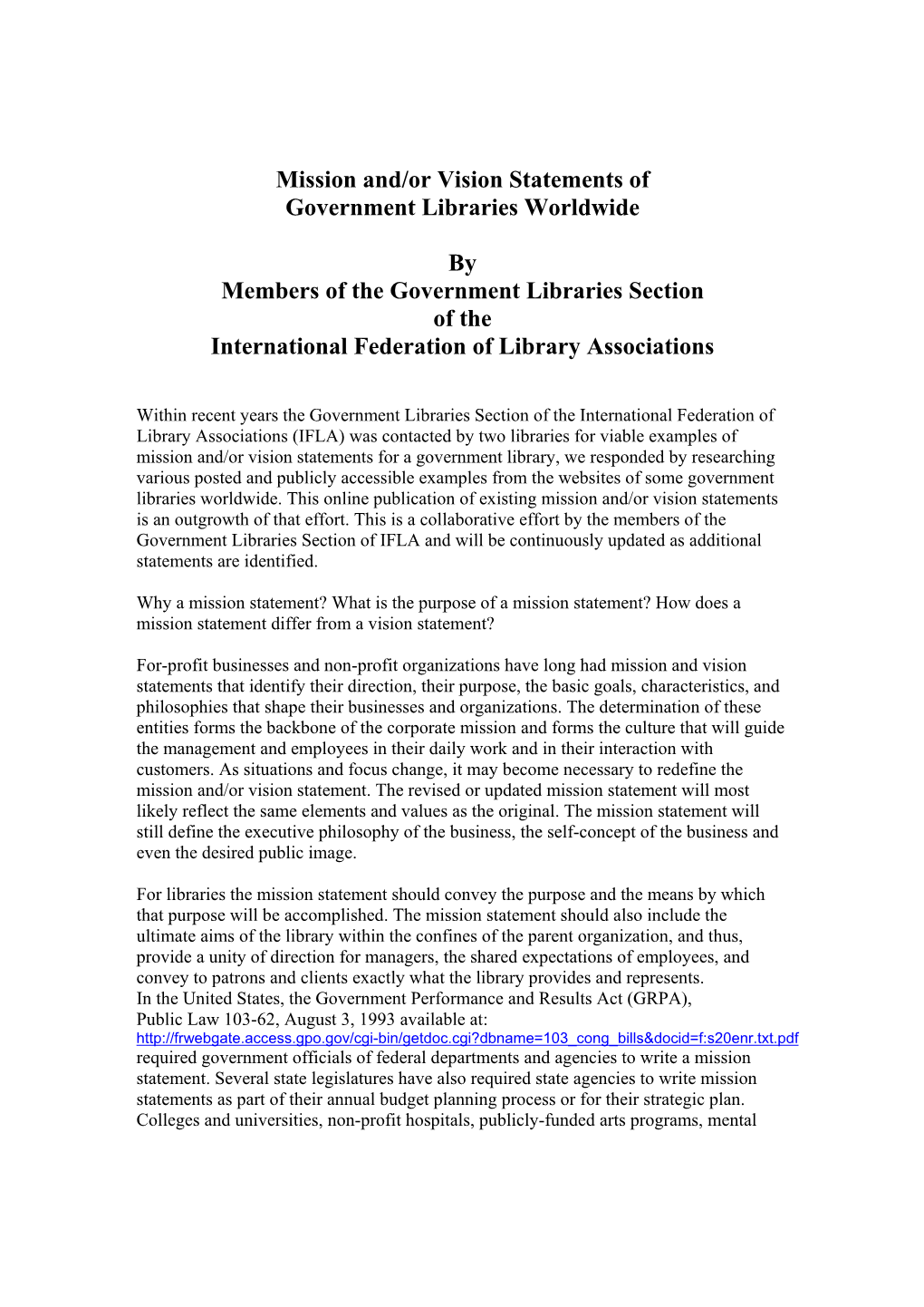 Mission And/Or Vision Statements of Government Libraries Worldwide