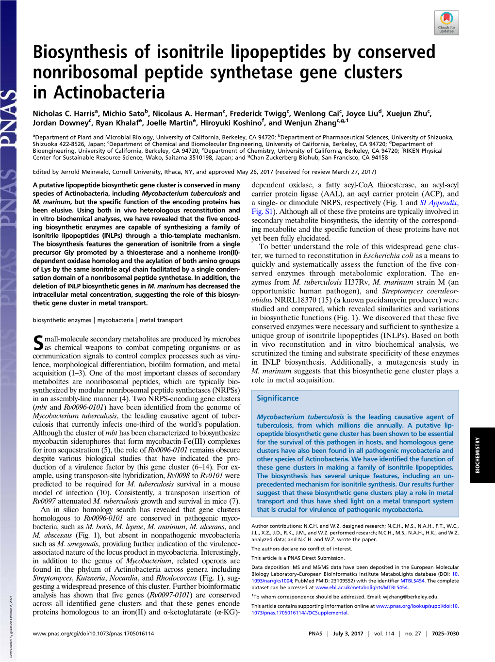 Biosynthesis of Isonitrile Lipopeptides by Conserved Nonribosomal Peptide Synthetase Gene Clusters in Actinobacteria