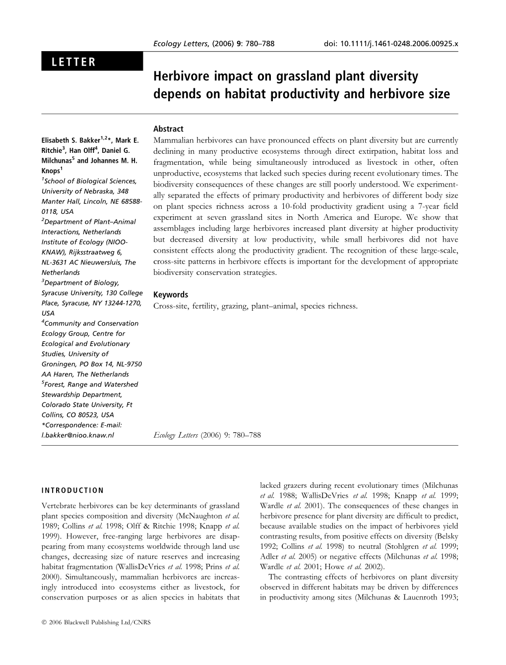 Herbivore Impact on Grassland Plant Diversity Depends on Habitat Productivity and Herbivore Size