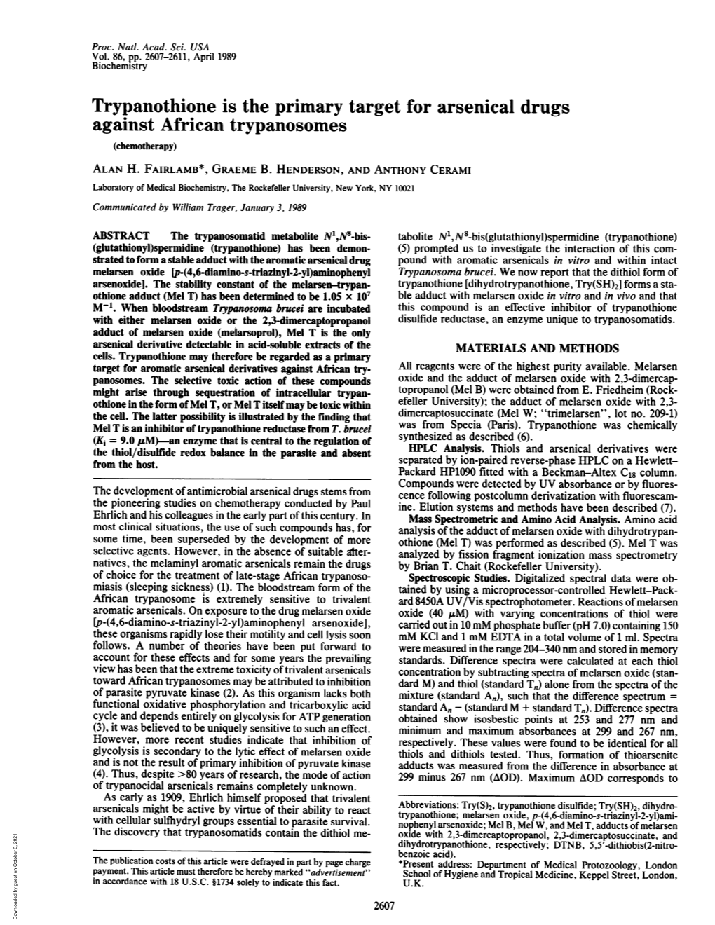 Trypanothione Is the Primary Target for Arsenical Drugs Against African Trypanosomes (Chemotherapy) ALAN H