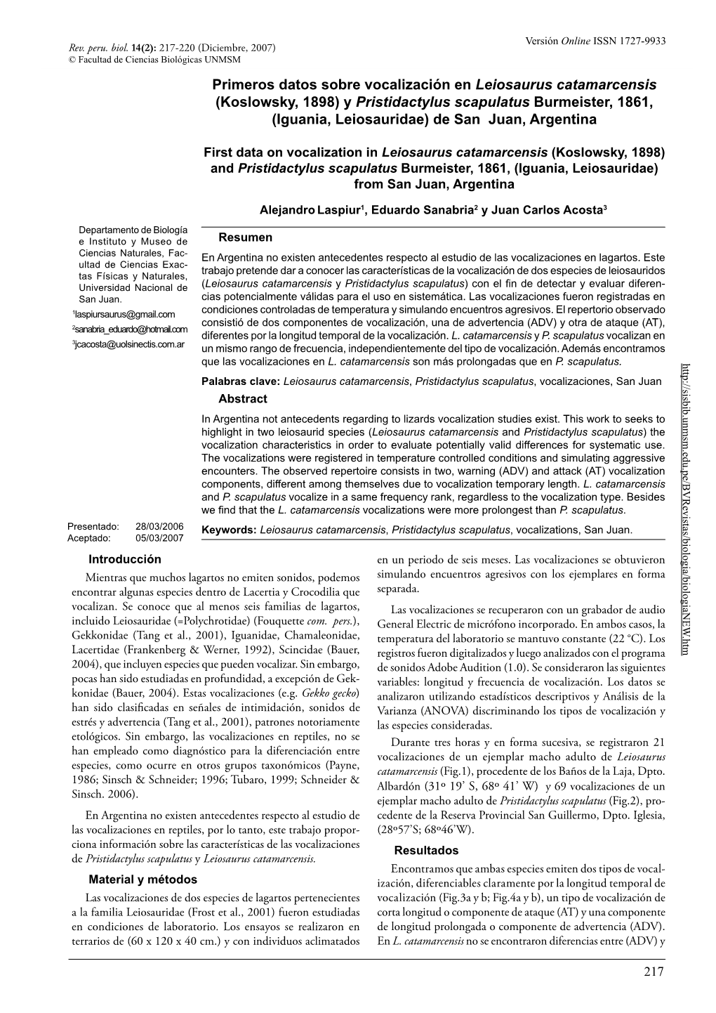 Primeros Datos Sobre Vocalización En Leiosaurus Catamarcensis