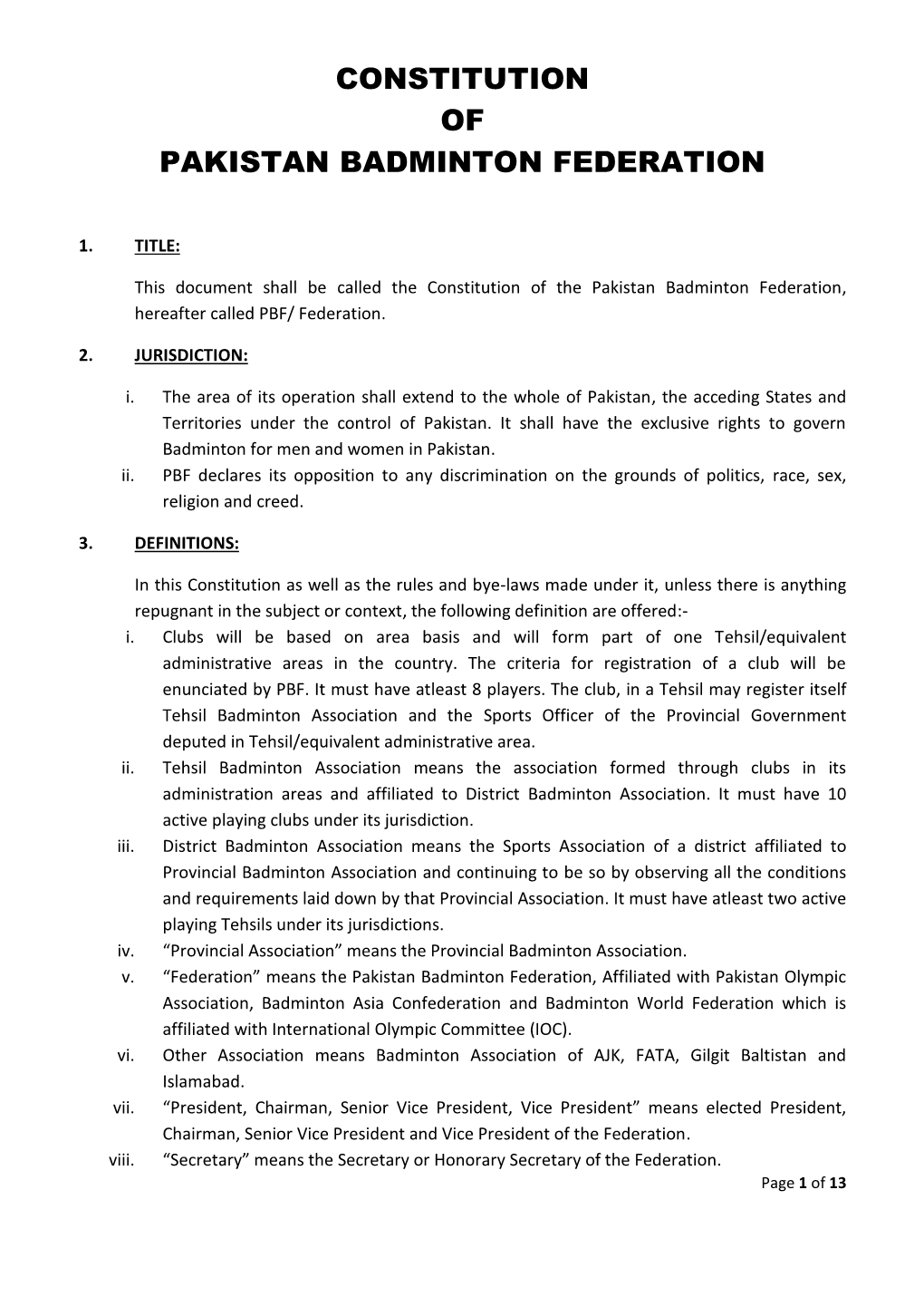 Constitution of Pakistan Badminton Federation