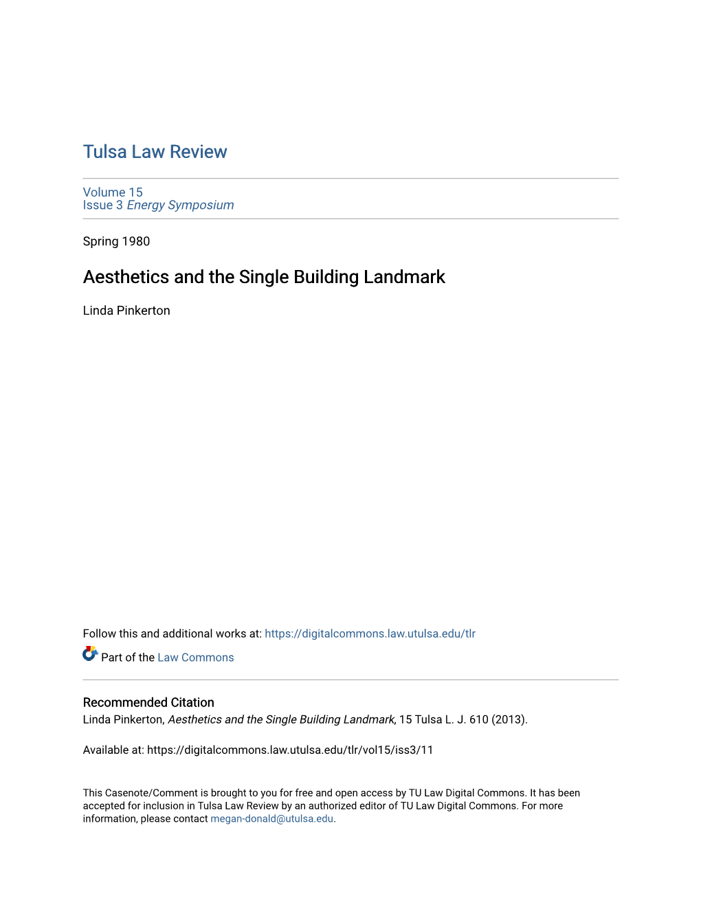 Aesthetics and the Single Building Landmark