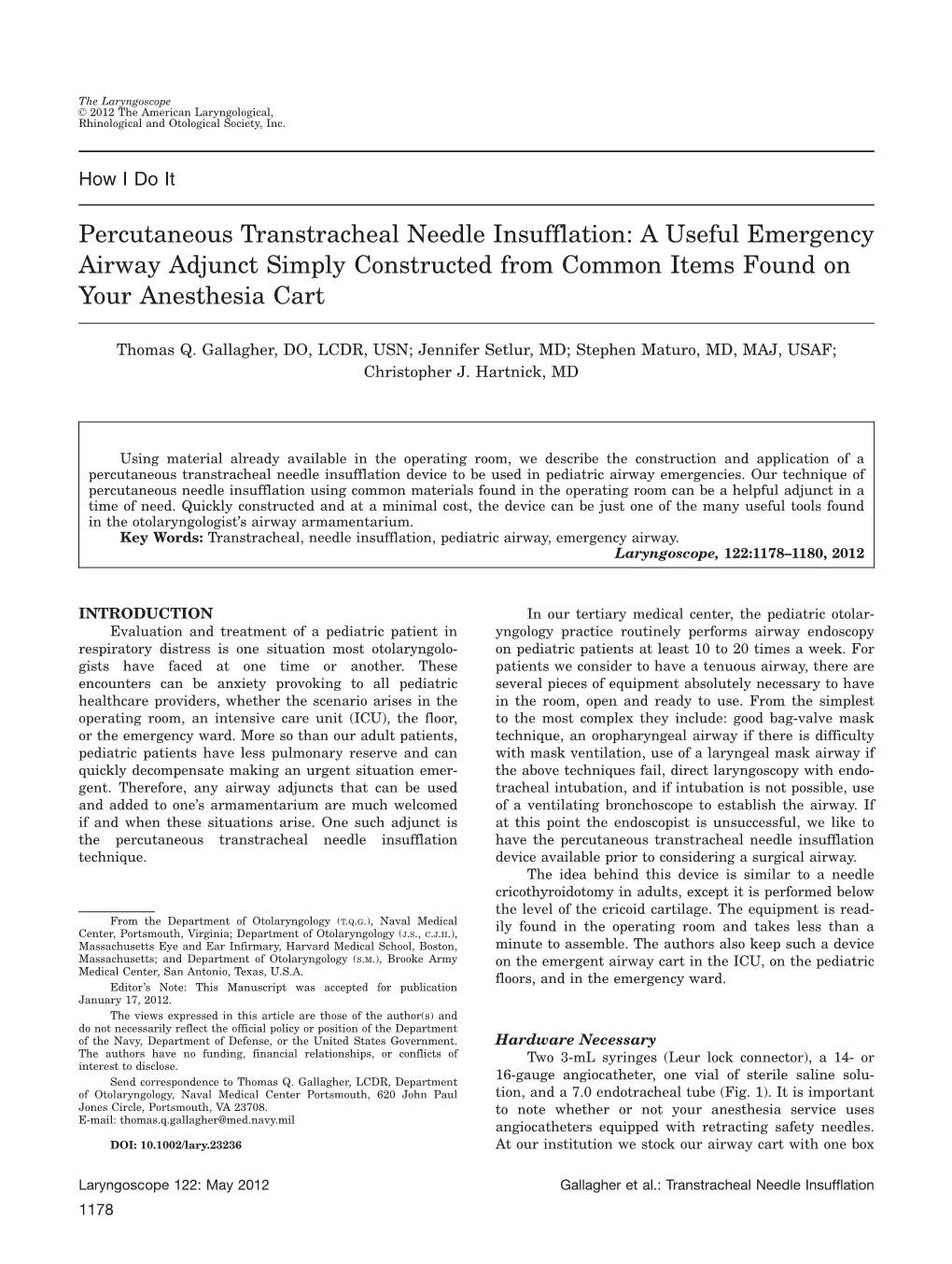 Percutaneous Transtracheal Needle Insufflation: a Useful Emergency Airway Adjunct Simply Constructed from Common Items Found on Your Anesthesia Cart