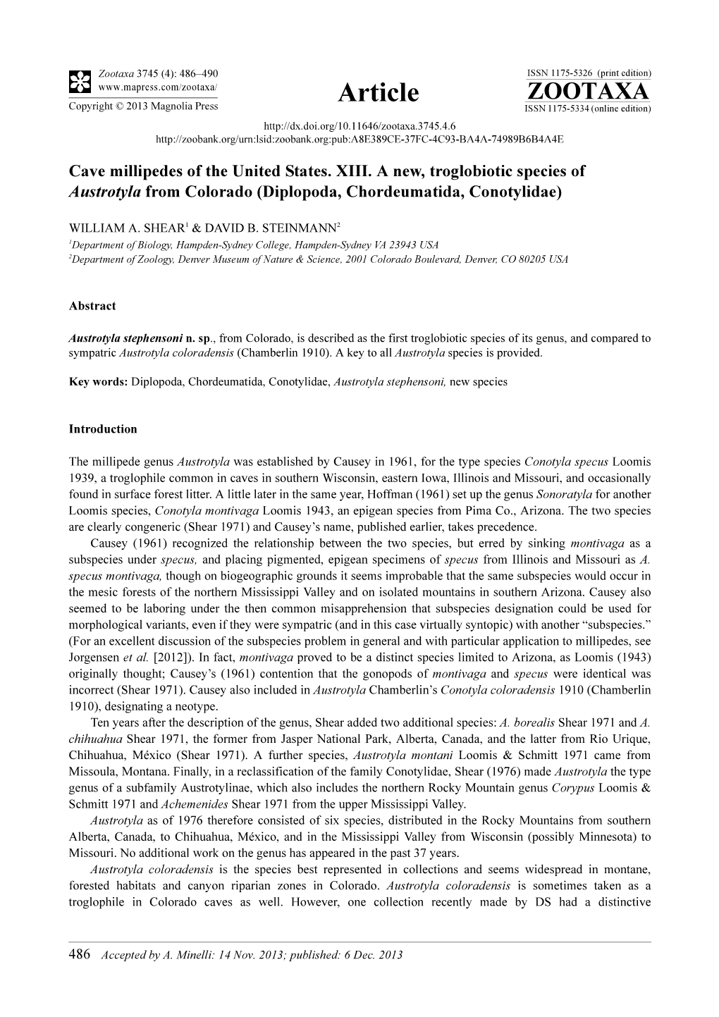 Cave Millipedes of the United States. XIII. a New, Troglobiotic Species of Austrotyla from Colorado (Diplopoda, Chordeumatida, Conotylidae)