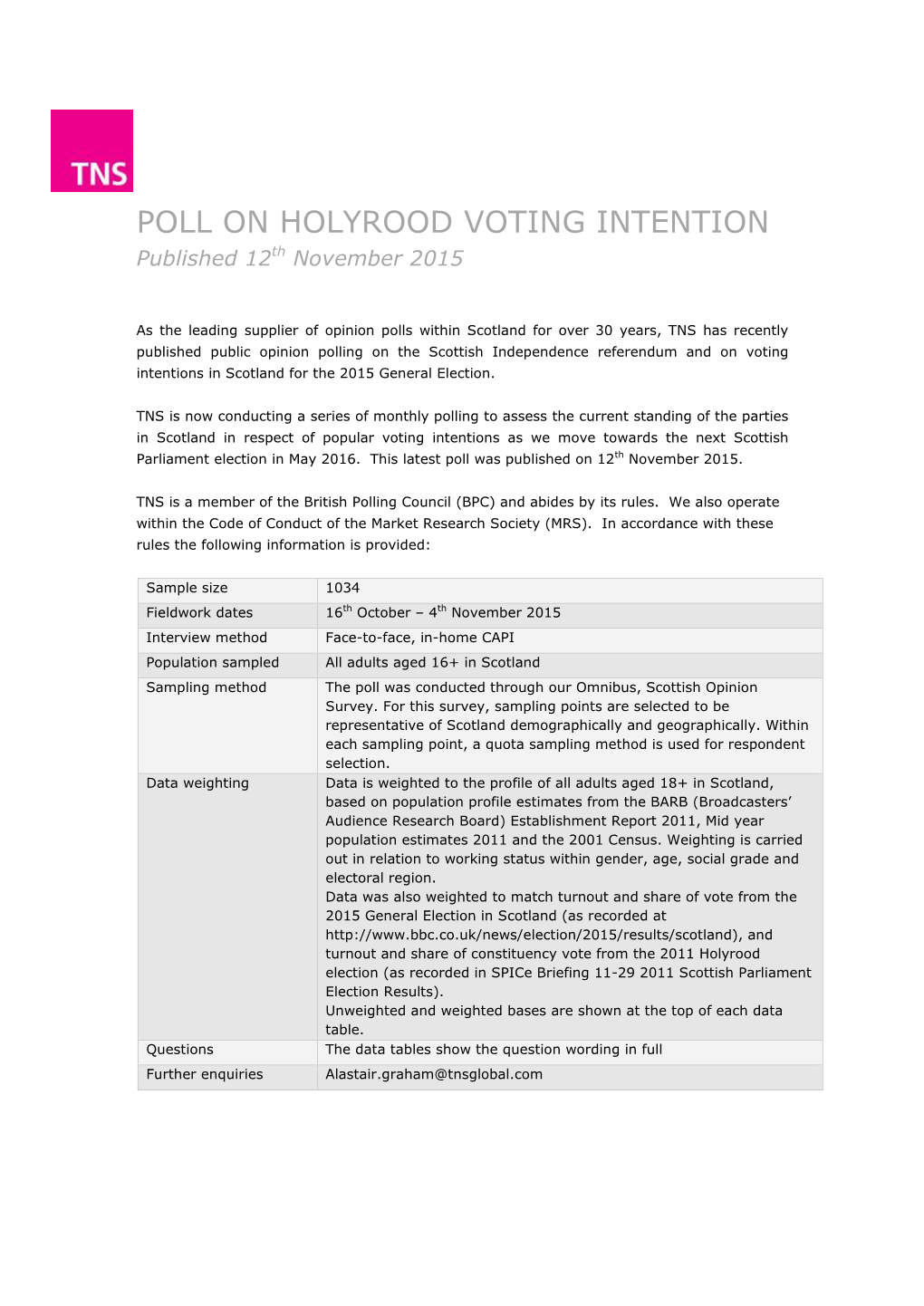 POLL on HOLYROOD VOTING INTENTION Published 12Th November 2015