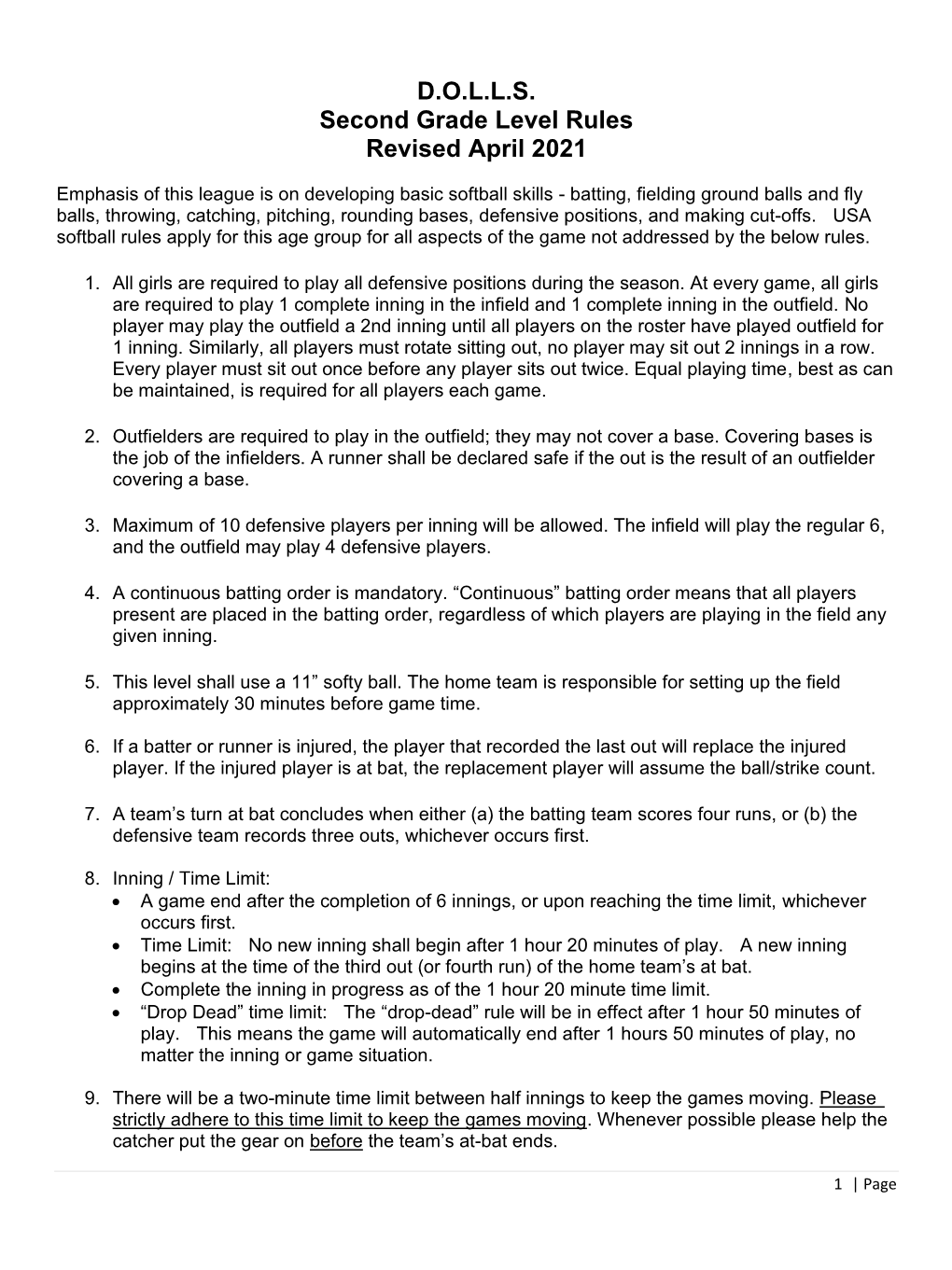 D.O.L.L.S. Second Grade Level Rules Revised April 2021