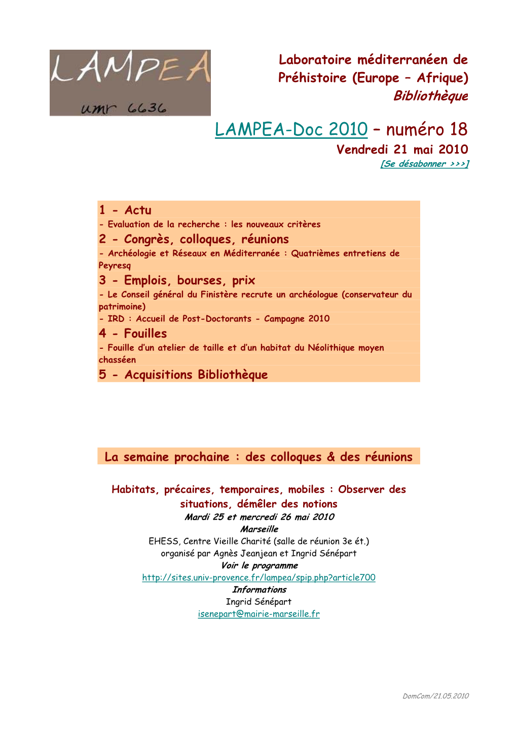 LAMPEA-Doc 2010 – Numéro 18 Vendredi 21 Mai 2010 [Se Désabonner >>>]