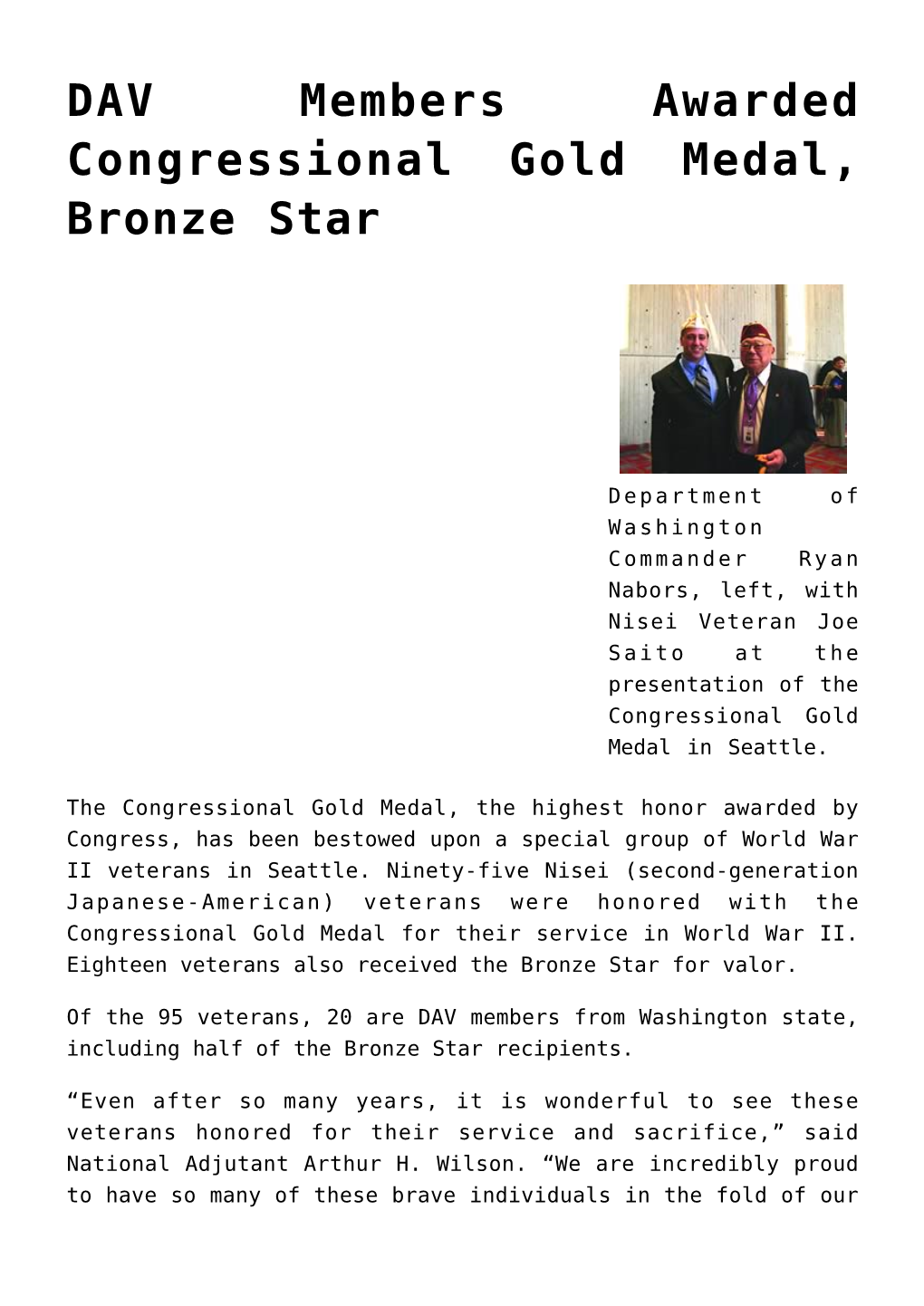 DAV Members Awarded Congressional Gold Medal, Bronze Star