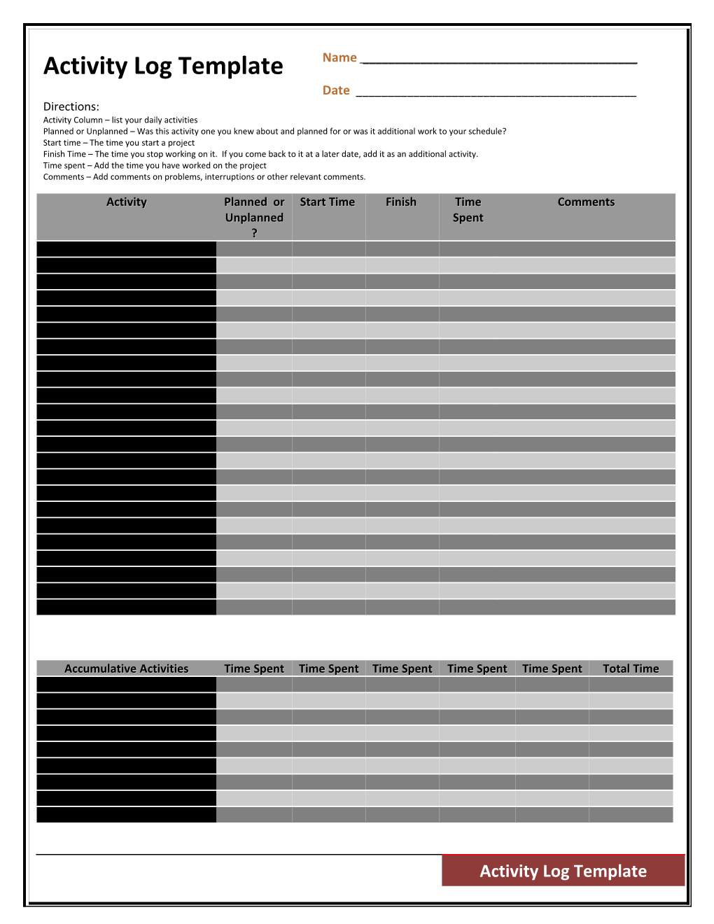 Activity Column List Your Daily Activities