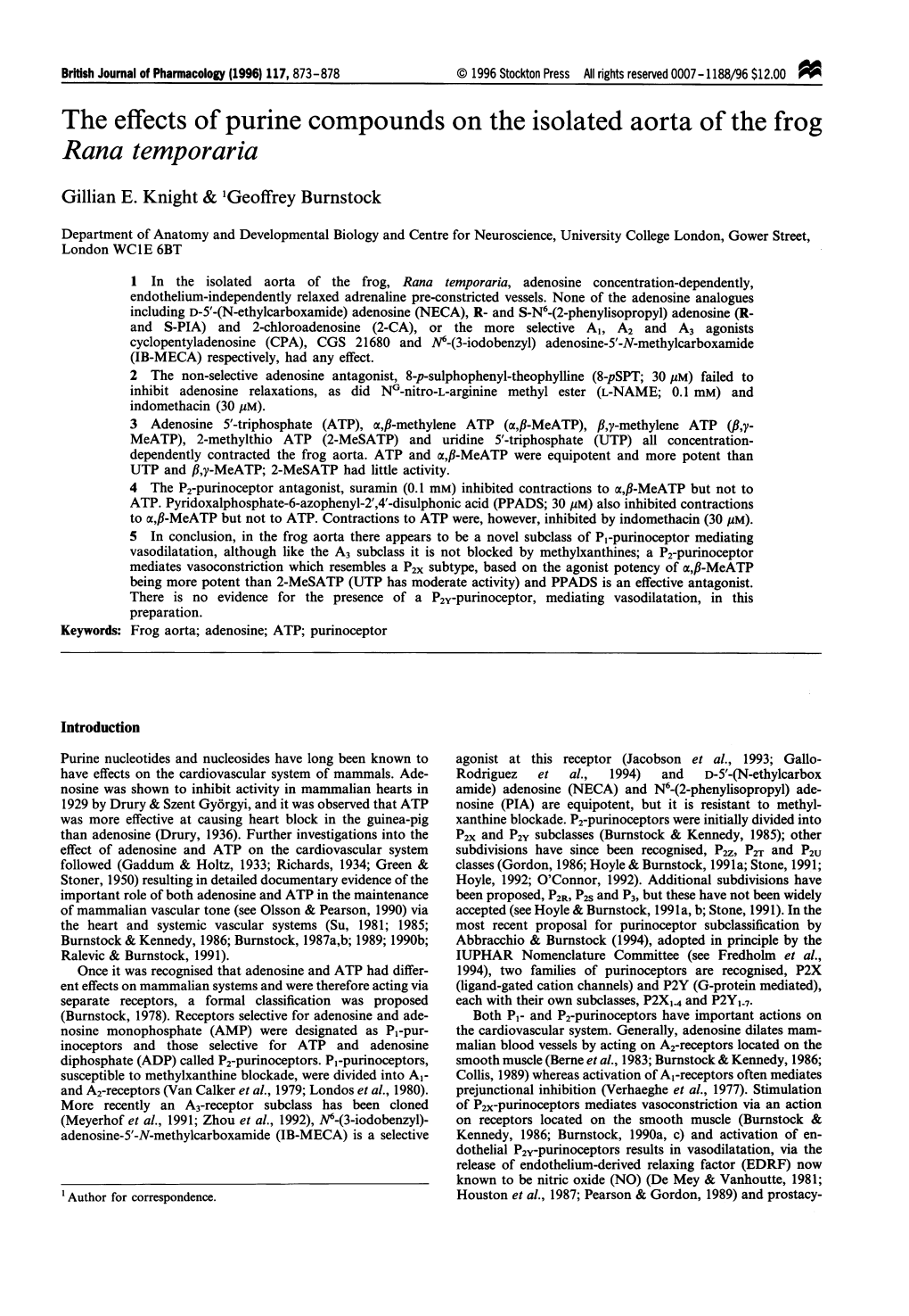 The Effects of Purine Compounds on the Isolated Aorta of the Frog Rana Temporaria Gillian E