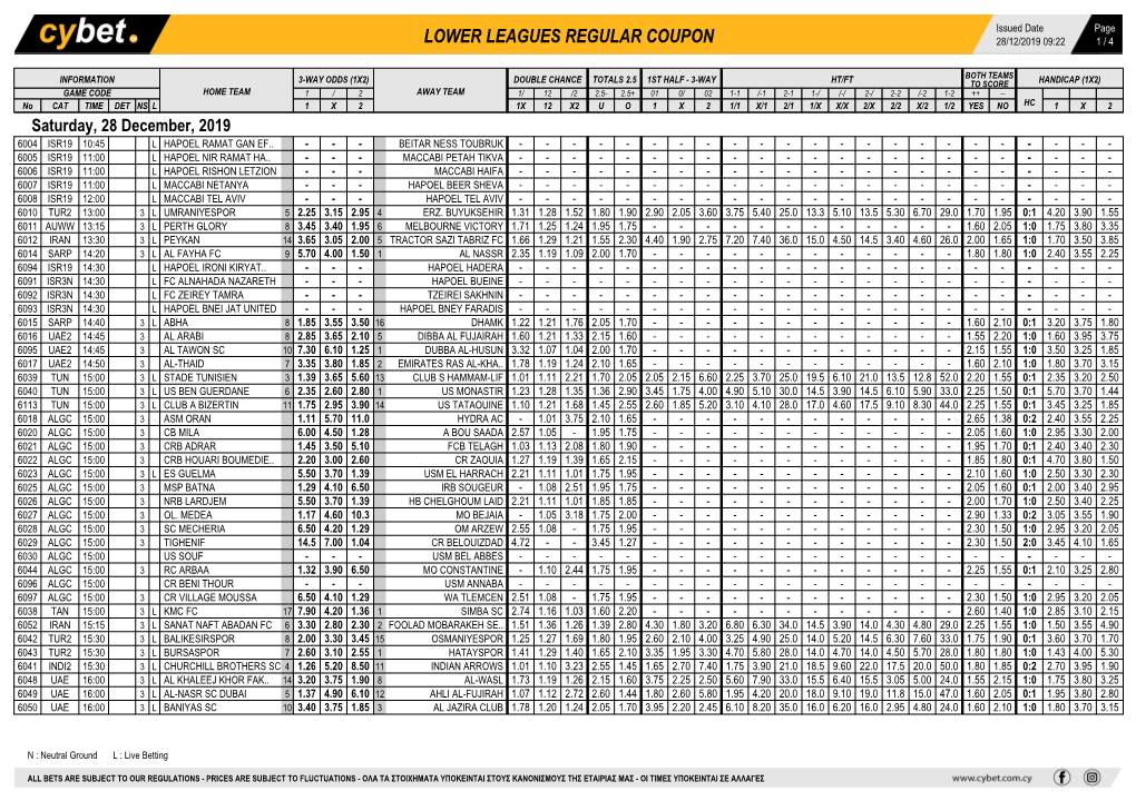 Lower Leagues Regular Coupon 28/12/2019 09:22 1 / 4