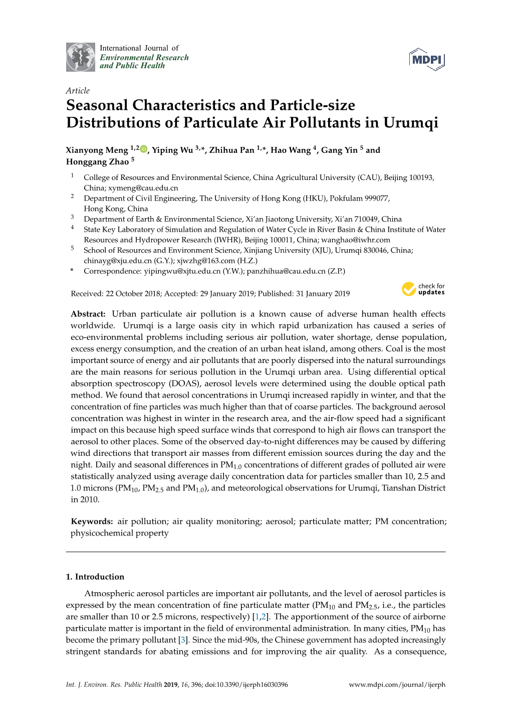 Seasonal Characteristics and Particle-Size Distributions of Particulate Air Pollutants in Urumqi