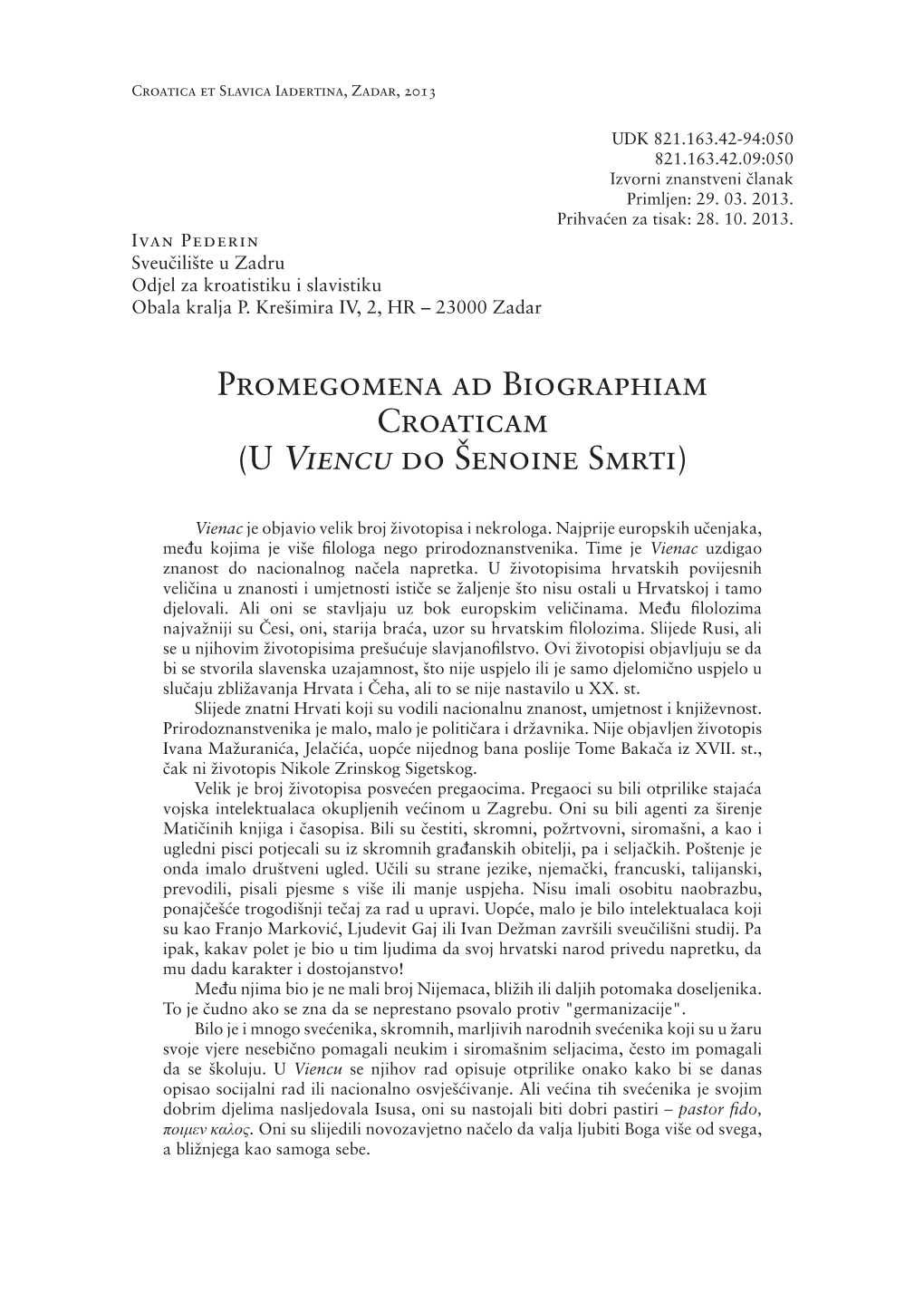 Promegomena Ad Biographiam Croaticam (U Viencu Do Šenoine Smrti)