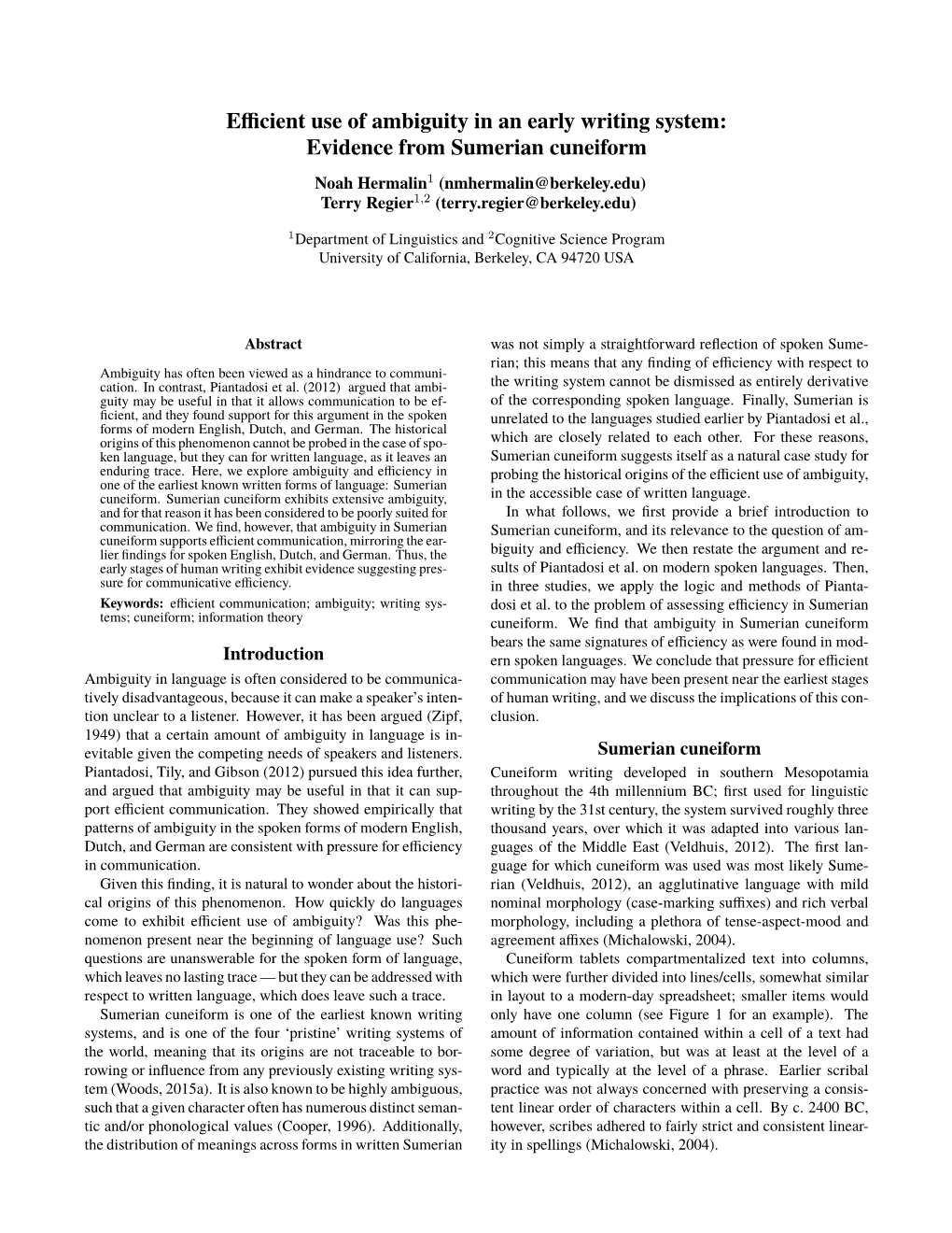 Efficient Use of Ambiguity in an Early Writing System: Evidence from Sumerian Cuneiform