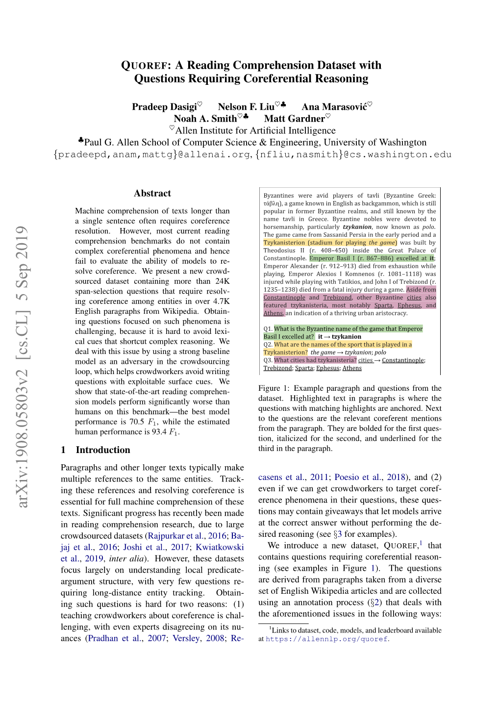 QUOREF: a Reading Comprehension Dataset with Questions Requiring Coreferential Reasoning