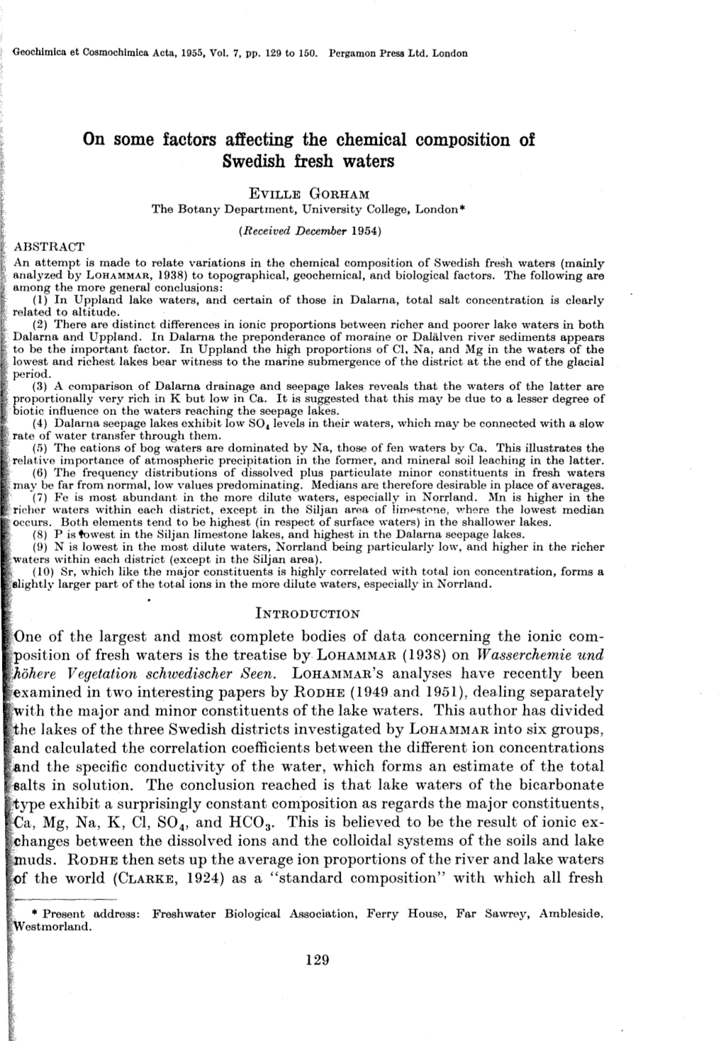 On Some Factors Affecting the Chemical Composition of Swedish Fresh Waters