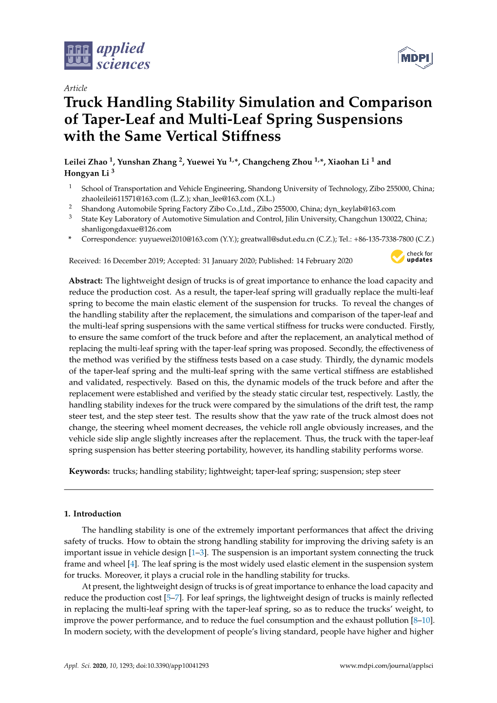 Truck Handling Stability Simulation and Comparison of Taper-Leaf and Multi-Leaf Spring Suspensions with the Same Vertical Stiﬀness