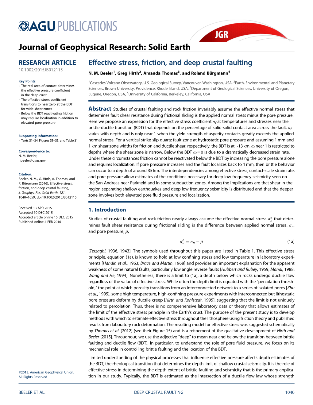 Effective Stress, Friction, and Deep Crustal Faulting 10.1002/2015JB012115 N