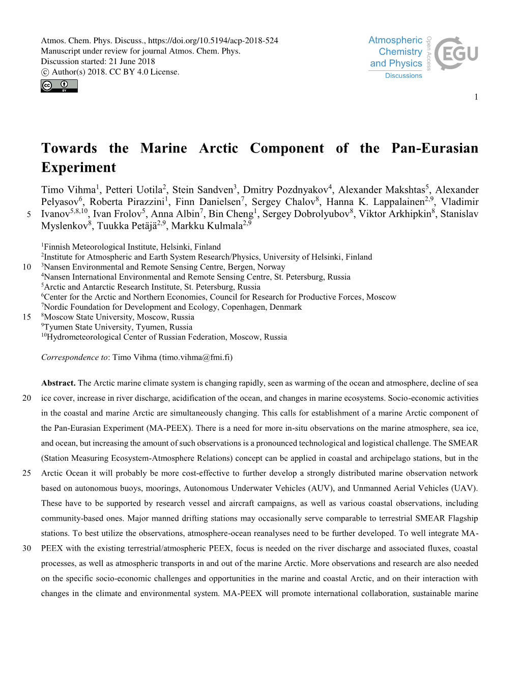 Towards the Marine Arctic Component of the Pan-Eurasian Experiment