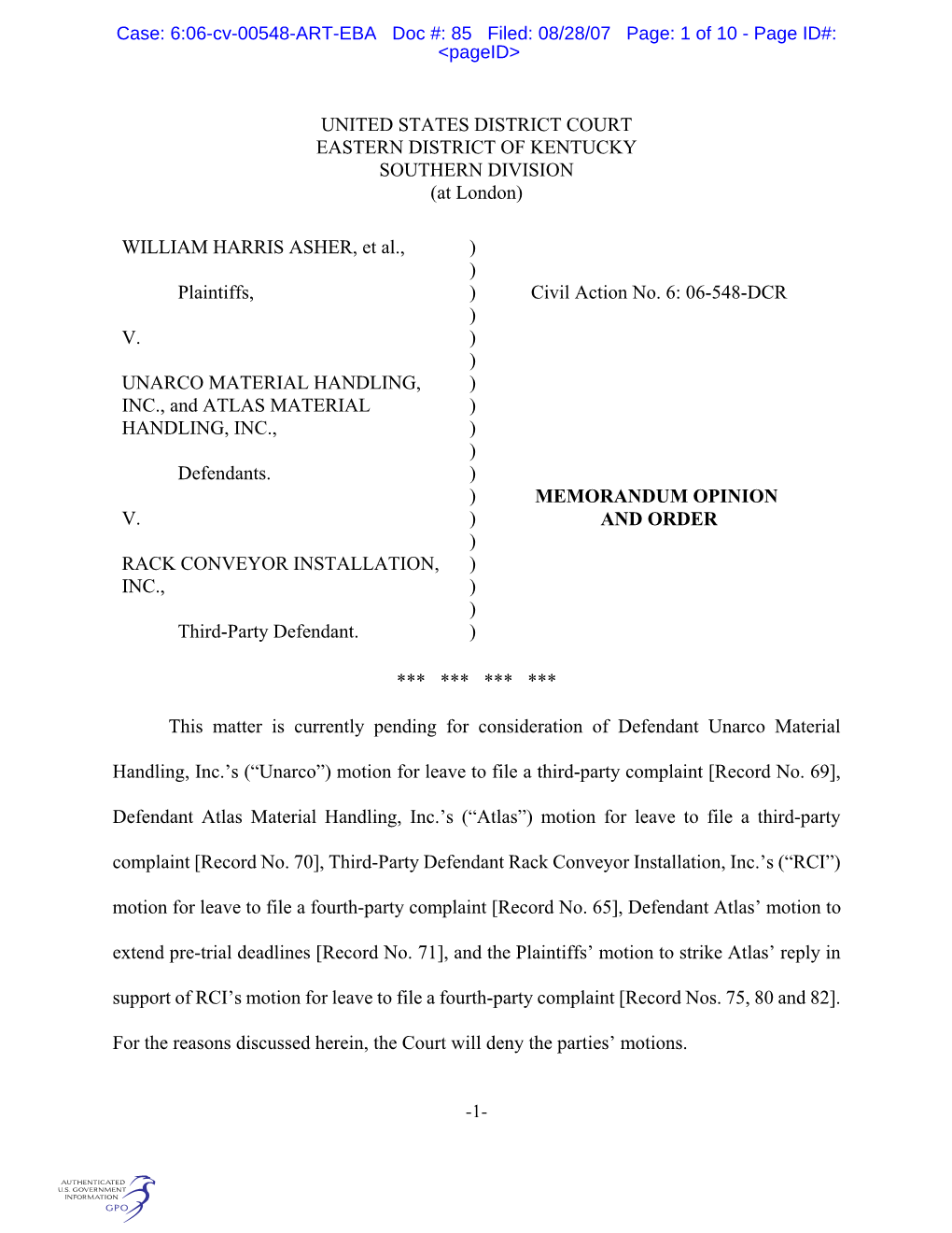 Case: 6:06-Cv-00548-ART-EBA Doc #: 85 Filed: 08/28/07 Page: 1 of 10