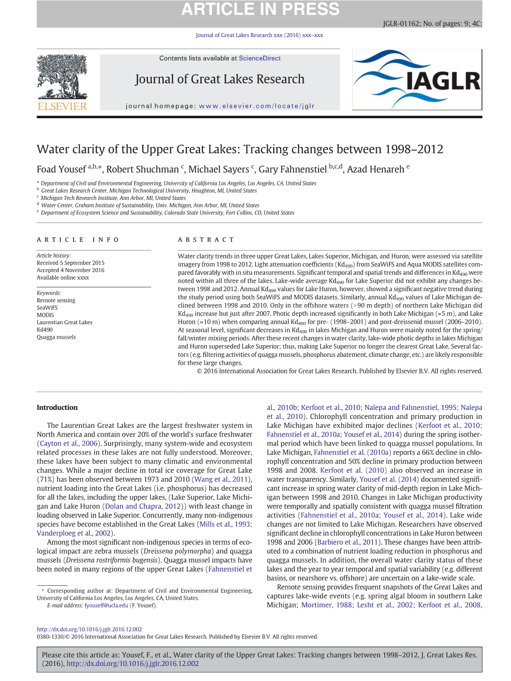 Water Clarity of the Upper Great Lakes: Tracking Changes Between 1998–2012