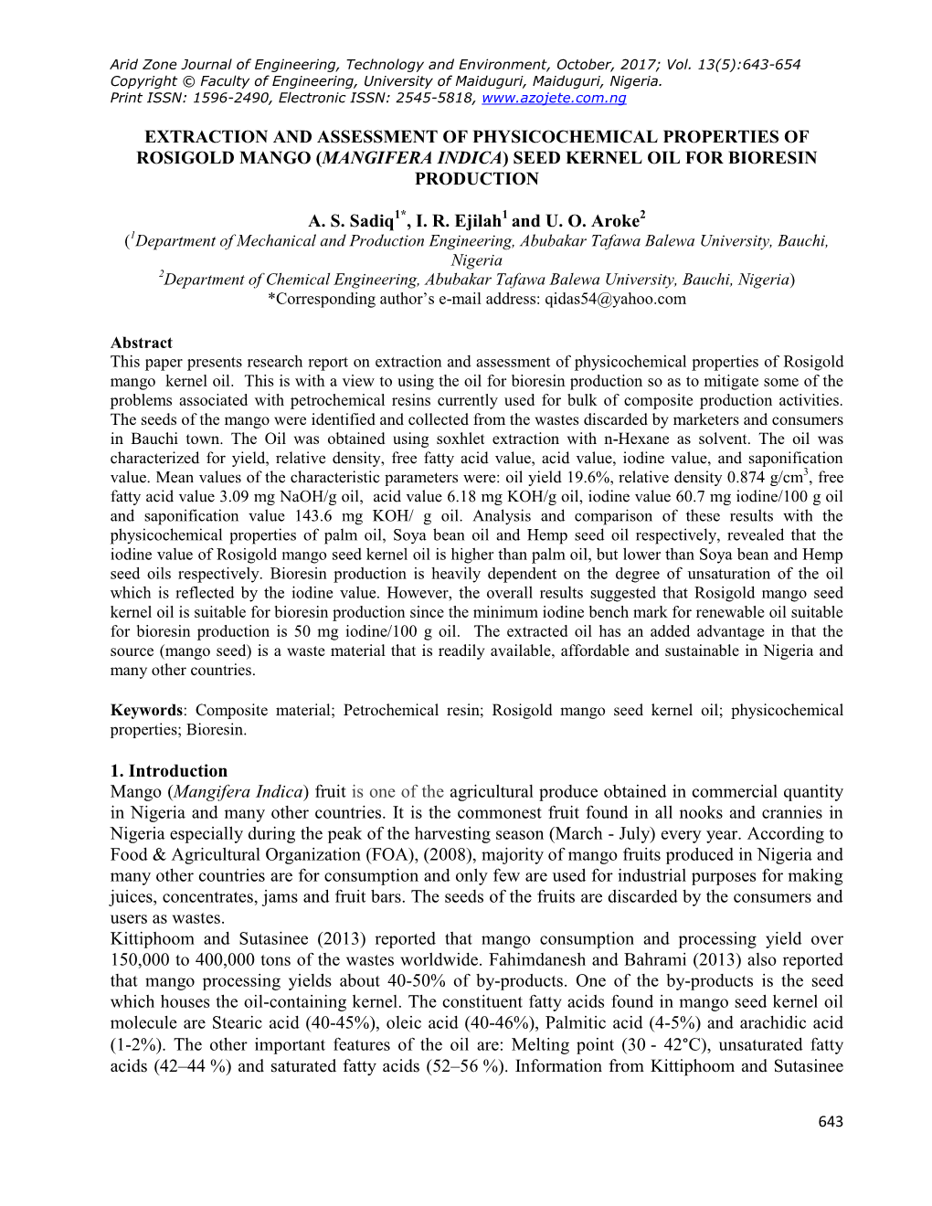 (Mangifera Indica) Seed Kernel Oil for Bioresin Production