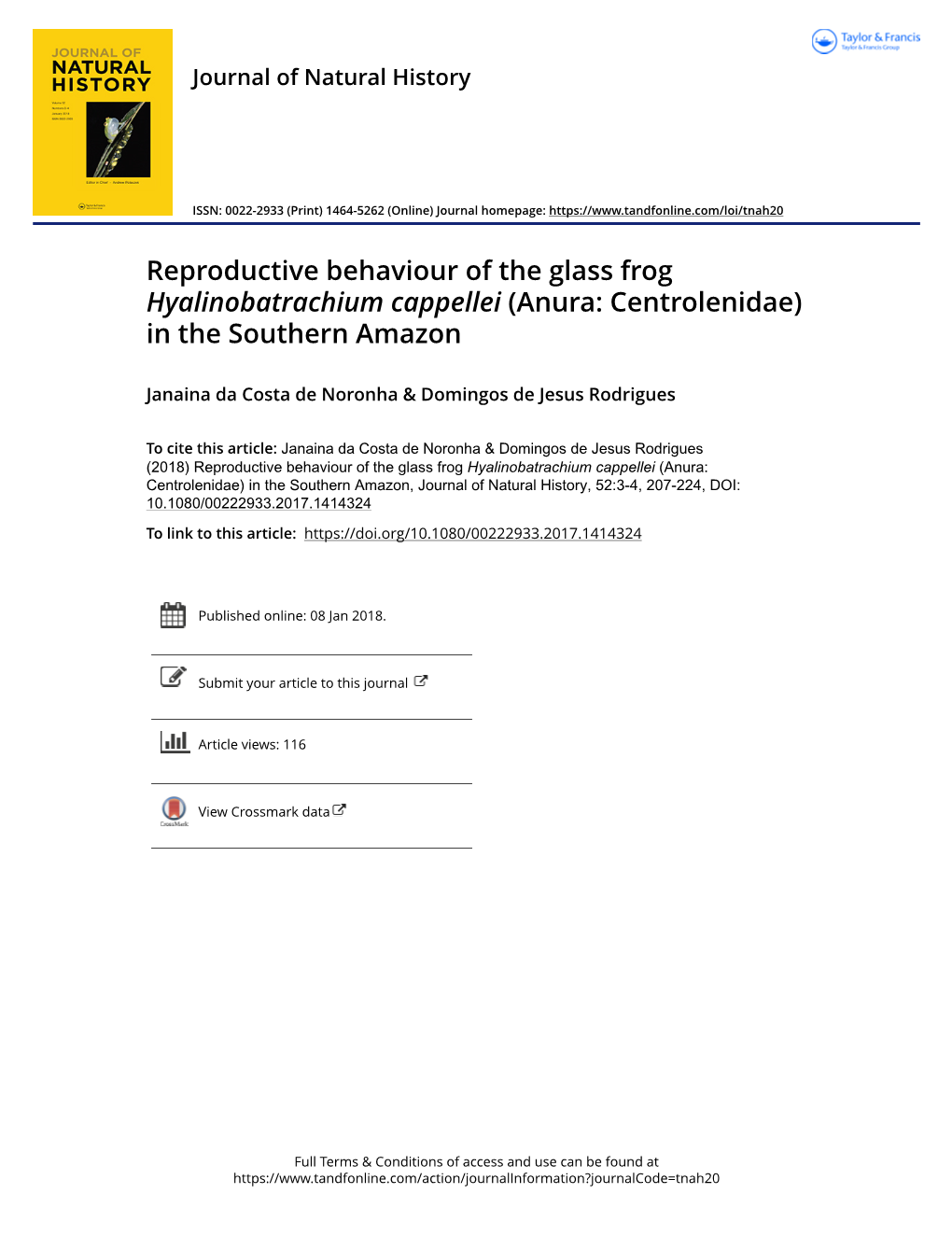 Reproductive Behaviour of the Glass Frog Hyalinobatrachium Cappellei (Anura: Centrolenidae) in the Southern Amazon